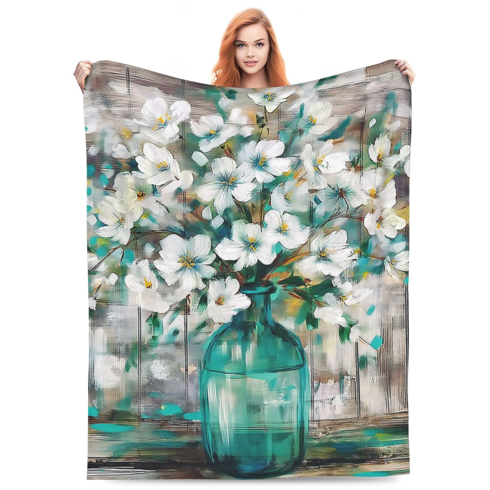 Turamurra Country Style Floral Blanket Gifts for Women Girls Kids Soft Warm Lightweight Cozy Vintage White Cherry Blossoms Throw Blankets for Bed Sofa Living Room Couch Home Decor 50"x40" — image 1