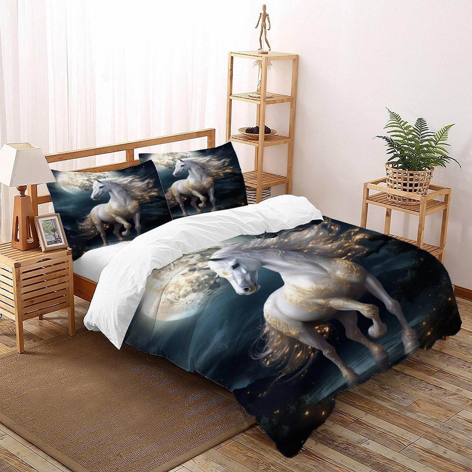 Linge de lit cheval blanc imprimé 3D en microfibre premium pour parure de lit Super King 260x220