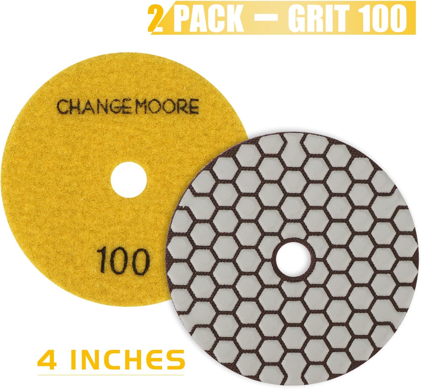 CHANGE MOORE Dry Diamond Polishing Pads 4" for Marble Granite Travertine Terrazzo Concrete Stones, 2 pack-Grit 100