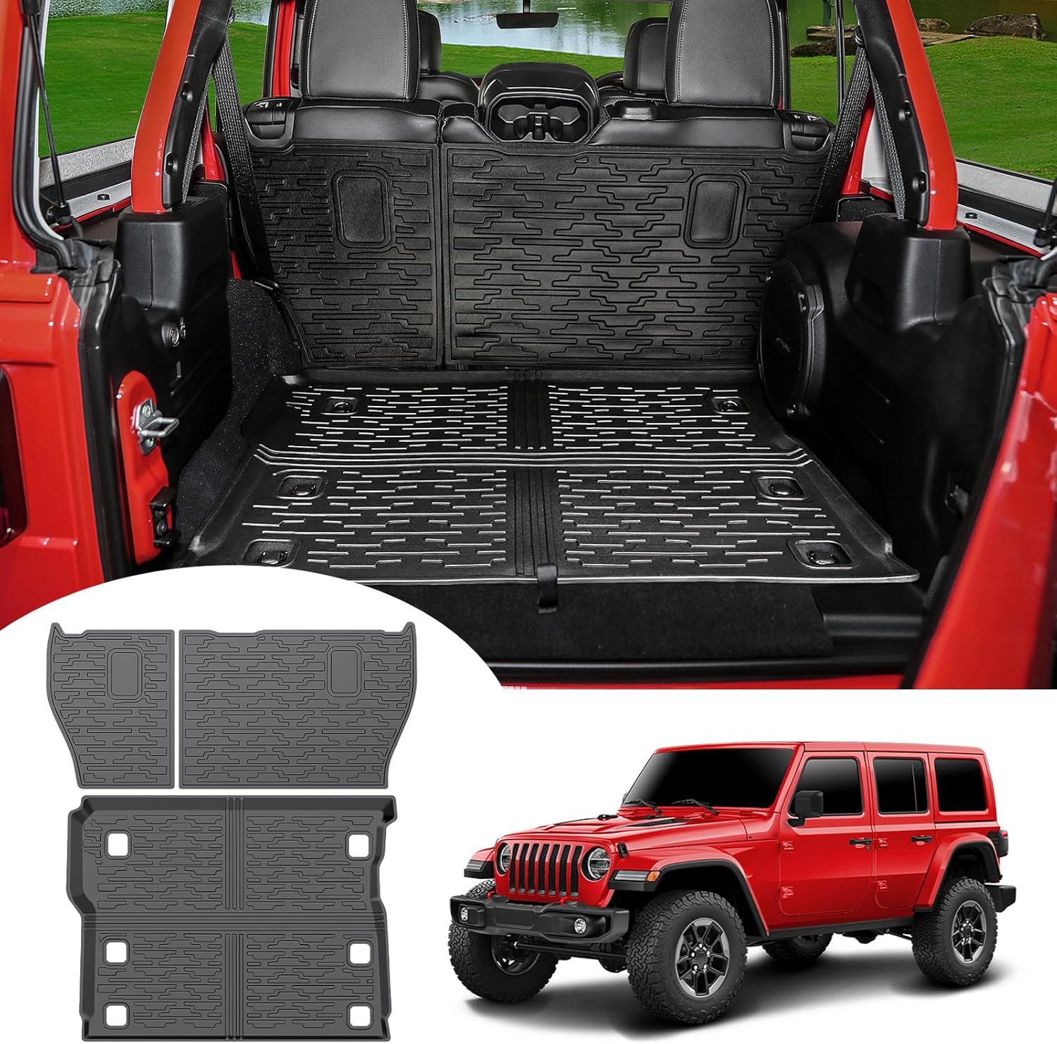 Cargo Mat with Seat Back Cover Fit for 2018-2024 Jeep Wrangler JL 4 Door with Subwoofer Cargo Liner TPE Trunk Floor Mat for Jeep Wrangler Accessories(Fit W/O FoldingLip, Cargo Mat+Backrest Mat)