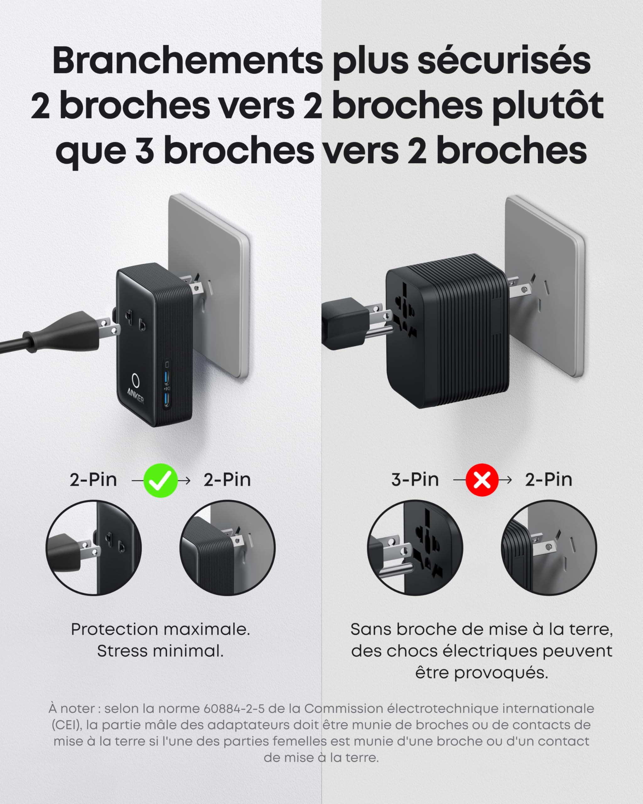 Anker Nano Adaptateur Prise Universelle Voyage 5 Ports 1 Prise CA 2 USB A 2 USB C Contrôle Intelligent Température 200+