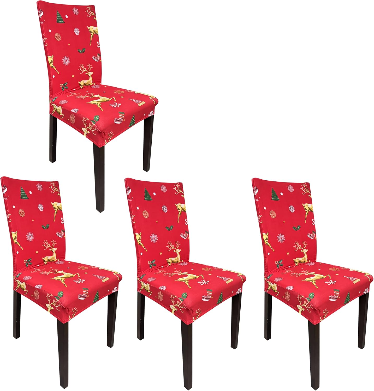 4 Pieces Christmas Xmas Spandex Stretch Washable Dining Room Chair Cover Protector Seat Slipcovers (4, Christmas Elk Print)