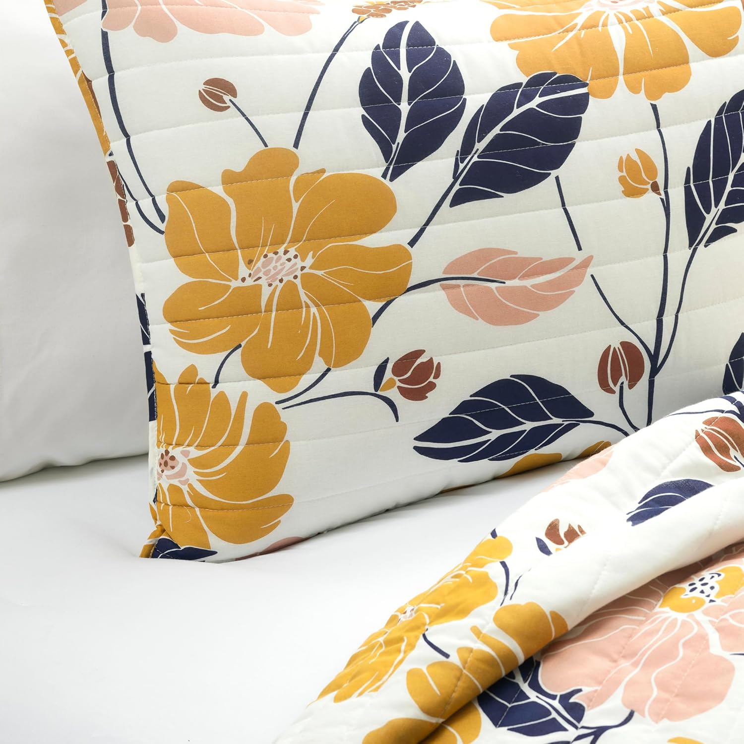 Lush Decor Lucia Abstract Floral Cotton Quilt 3 Piece Set Full/Queen Yellow & Navy - Floral Bedding Set Queen Quilt - Floral Quilts - Spring Decor