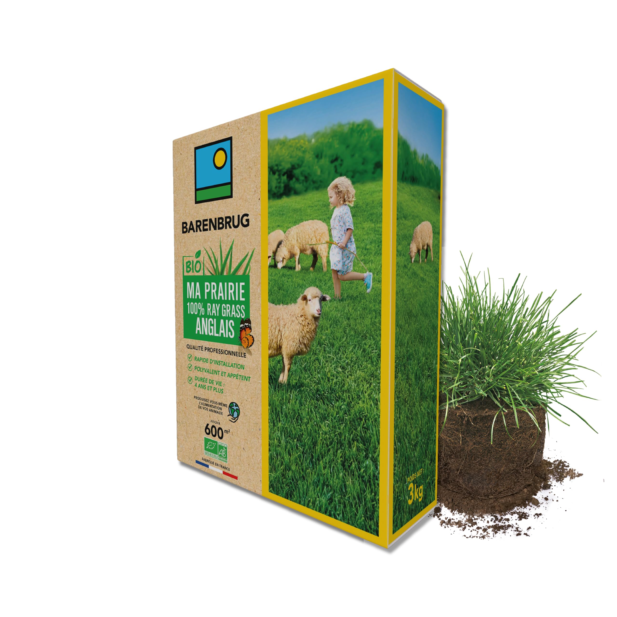 BARENBRUG - Prairie 100% Ray-grass anglais BIO - Pousse Rapide - 3KG | Prairie Polyvalente - Très Résistante dans le Temps - Fourrage pour Animaux - Fabriqué en France