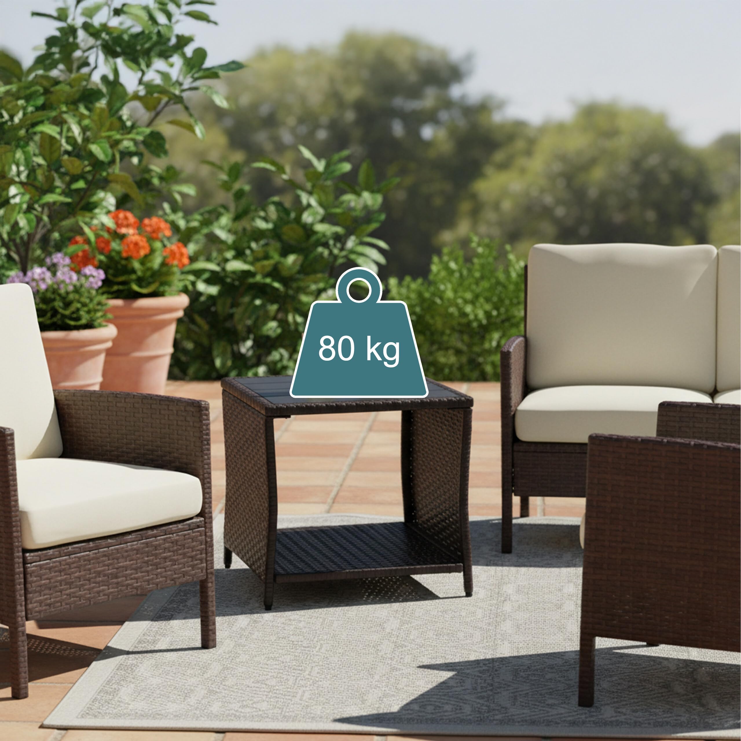 Relaxdays Table de Balcon carrée, H x L x P 40 x 45 x 45 cm, polyrotin/WPC/Acier, Marron, pour extérieur