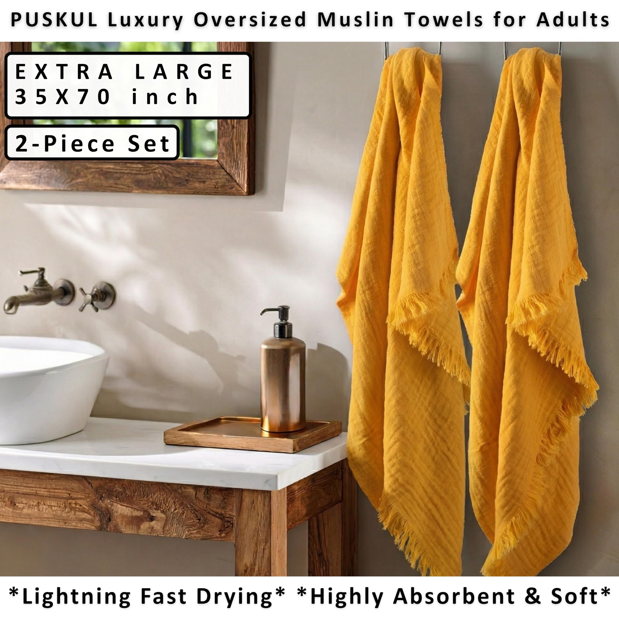 Badetücher 2er Set Luxus Musselin Handtücher für Erwachsene - Luxus 100% türkische natürliche Baumwolle Musselin Stoff Hamamtücher - Extra weich, saugfähig, schnell trocknend, leicht (Senfgelb)