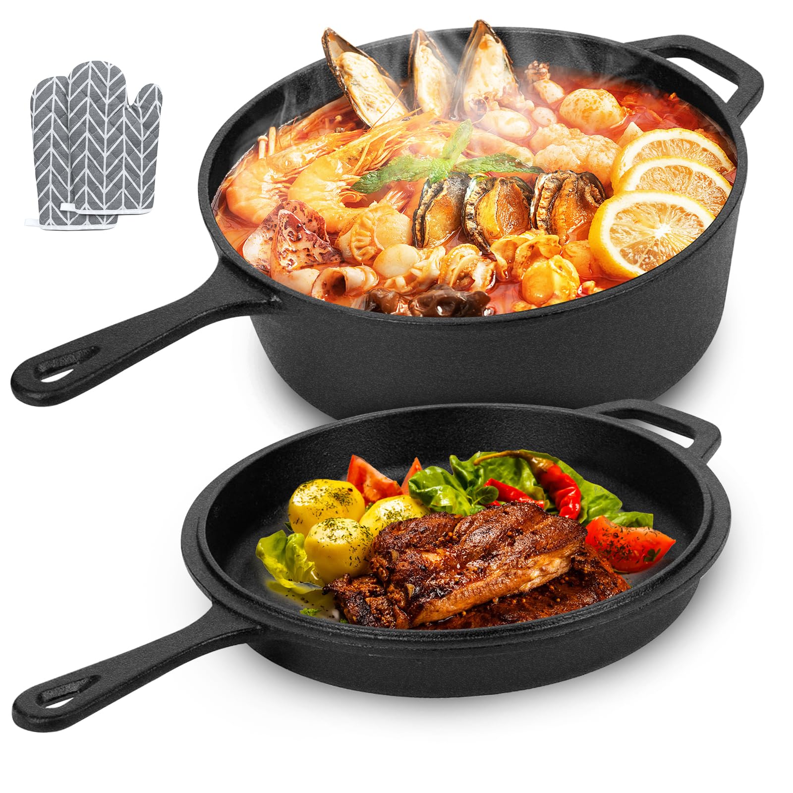 Juego de Sartén y Olla de Hierro Fundido 1,5L & 4,5L – Sartén y Cazuela para Cocina y Horno, Calor Uniforme, Compatible con Gas/Inducción, Ideal para Freír, Guisar y Asar