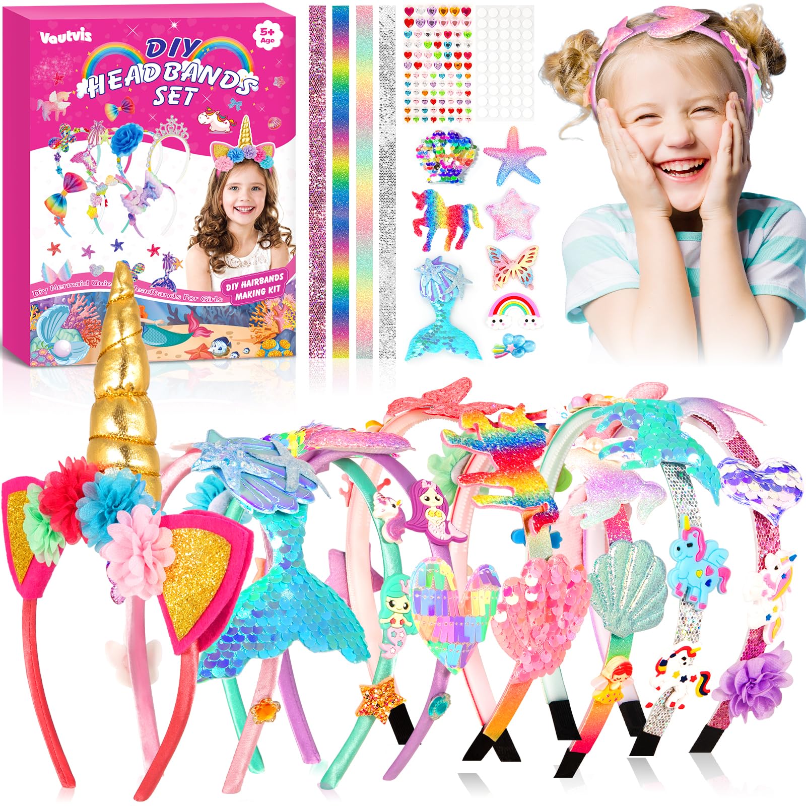 Vautvis Kit Création Bandeaux Filles – 63 Accessoires Sirènes & Licornes – Activité DIY 8 Bandeaux – Cadeau 4-12 Ans