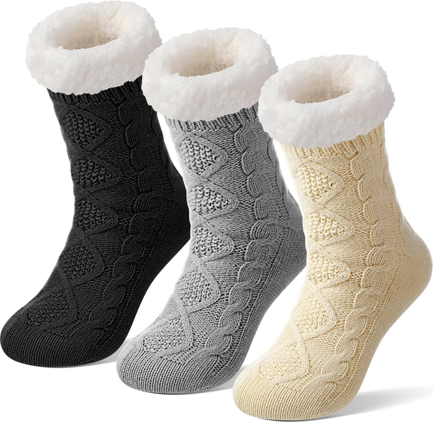 Foaincore 3 Pairs Slipper Socks with Grips for Women Non Slip Thick Fuzzy Socks Winter Warm Slipper for Christmas Women Gifts