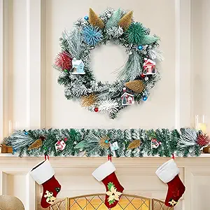 Christmas Wreaths for Front Door, 24-Inch Snow Frosted Wreath with Rustic House and Pinecones, Farmhouse Winter Xmas Wreath for Fireplace, Table, Windows, Walls