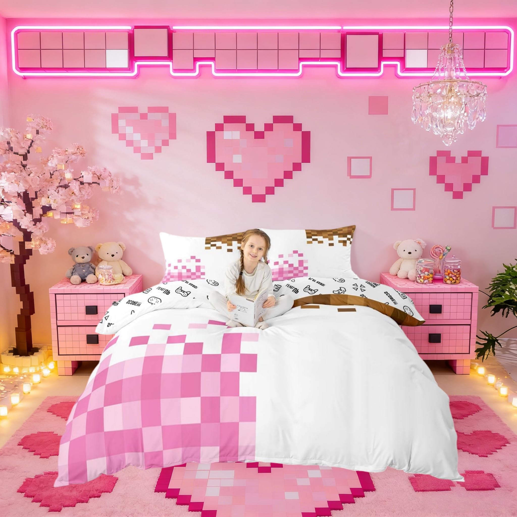 Manfei Game Pixelated Theme Bedding Set Super King Size,Patchwork Grid Duvet Cover Set for Adults Women Bedroom Decor,Video Games Bedding Collection,Pink Brown 3 Pcs Quilt Cover,No Comforter — image 1