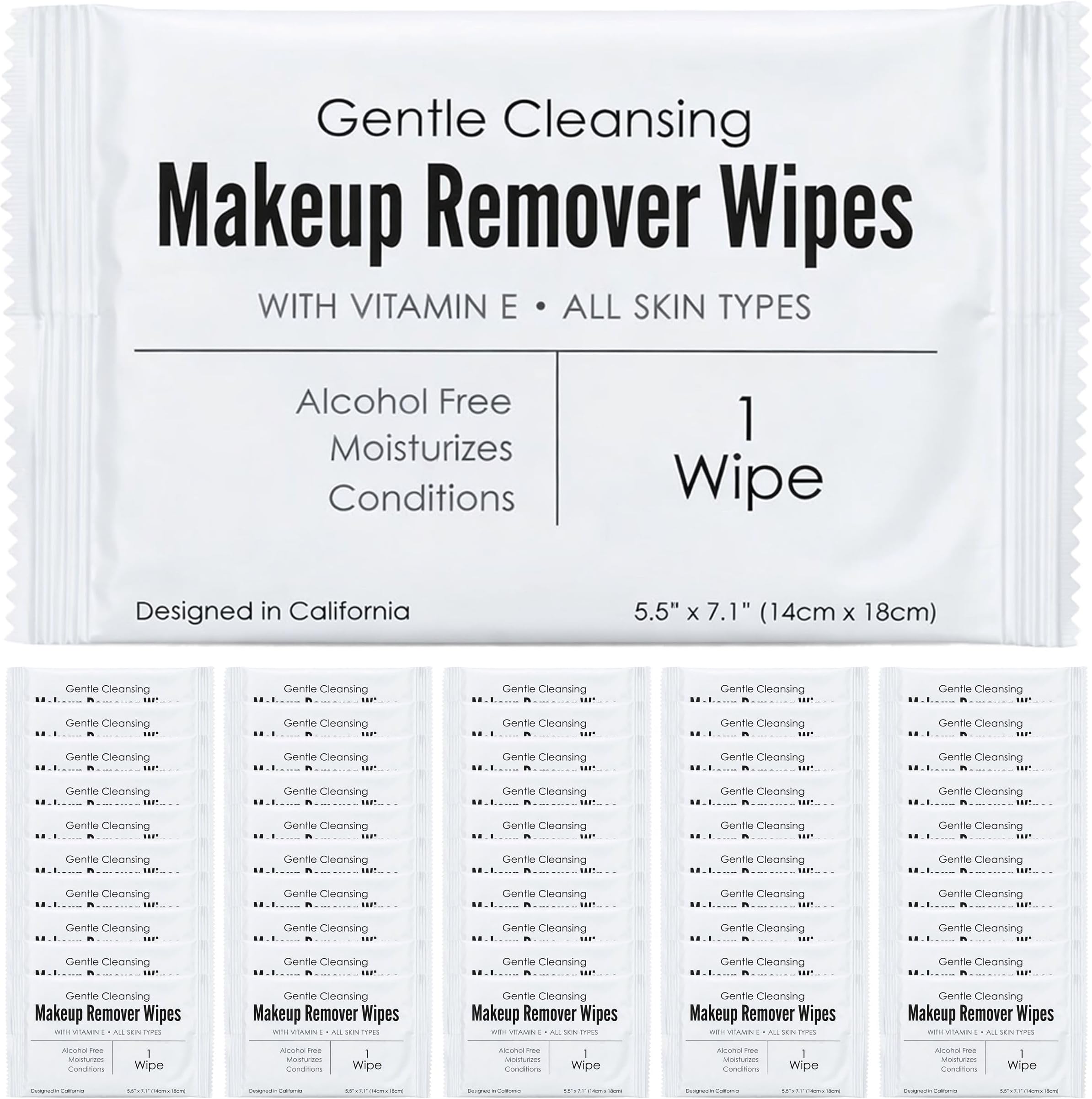 Makeup Remover Wipes - Alcohol Free - Vitamin E Face Wipes for Sensitive Skin Comfort - Individually Wrapped - Travel Friendly Facial Cleansing Wipes - 50 Count