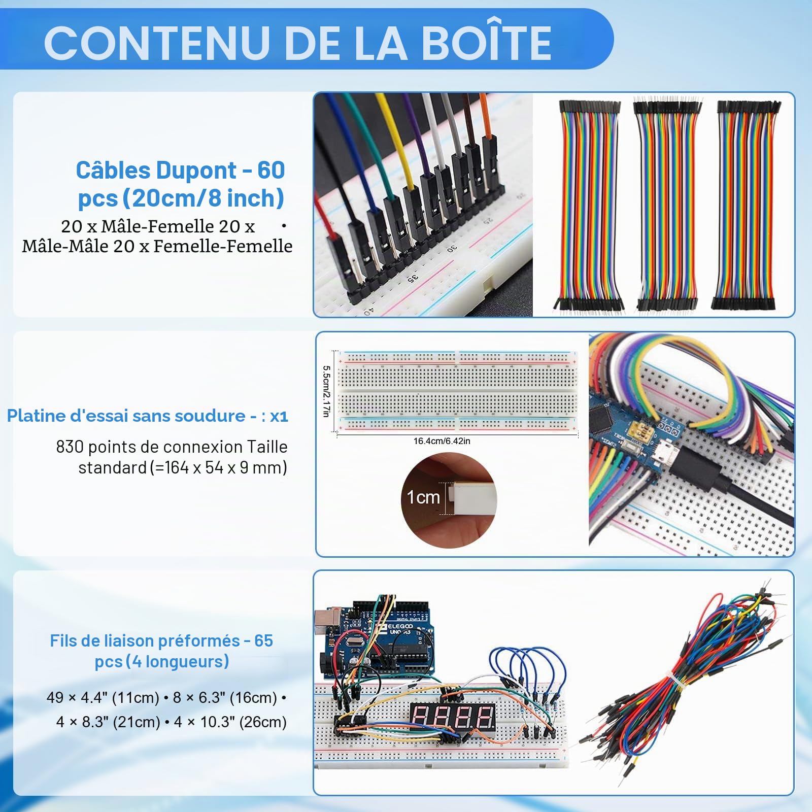 1530 Pièces Kit de Composants électroniques 9 types avec Résistance métallique,Condensateur,Diode,Diode LED,Transistor,Dupont Cable,Câble Jumper et Breadboard, pour UNO R3