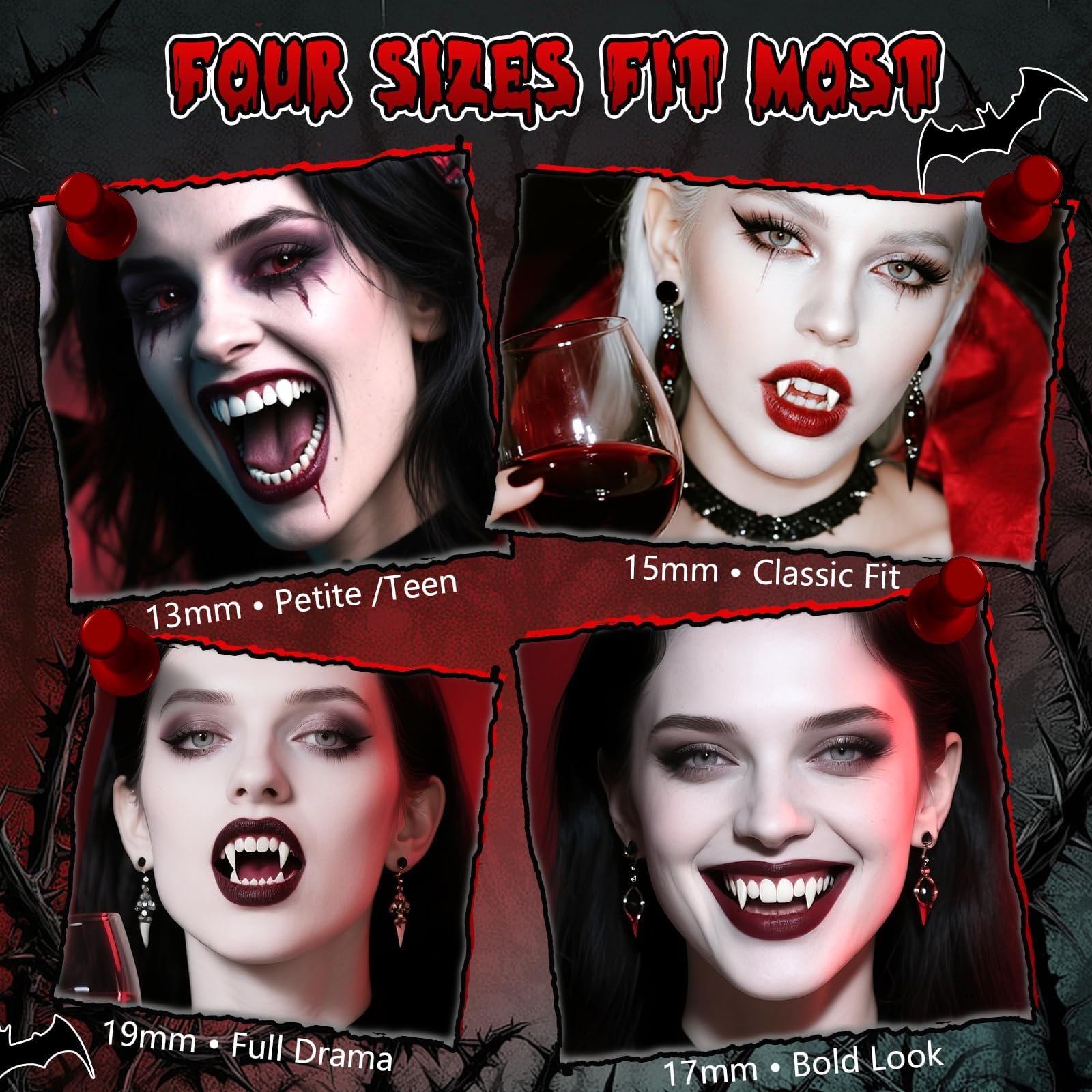 Set De 3 Pares De Colmillos De Vampiro Realistas Para Halloween – Tamaños 13, 15 Y 17 Mm Con Adhesivo Incluido, Perfectos Para Cosplay, Fiestas De Disfraces Y Eventos De Terror