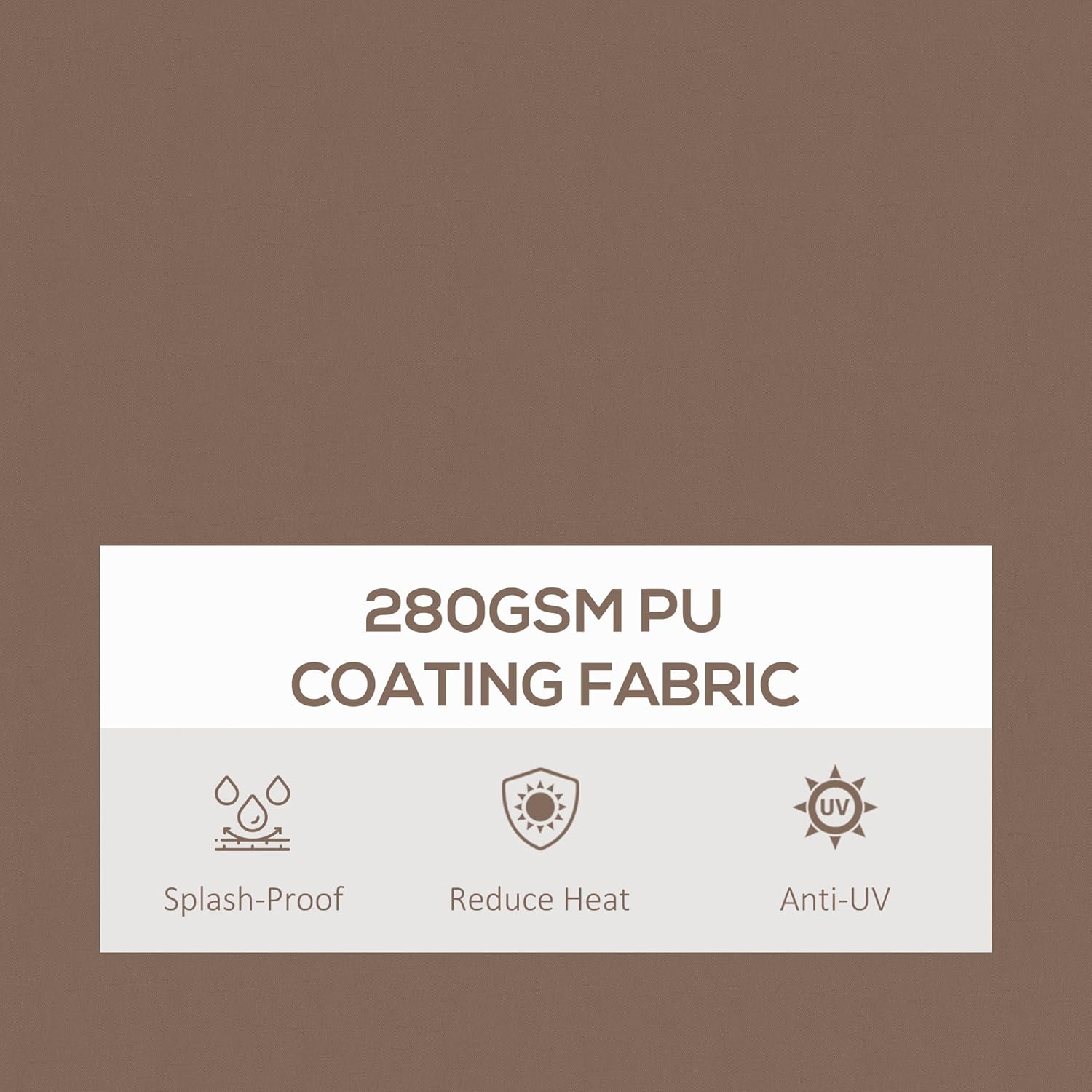 Close-up image showing the 280GSM PU Coating Fabric with icons for Splash-Proof, Reduce Heat, and Anti-UV properties.