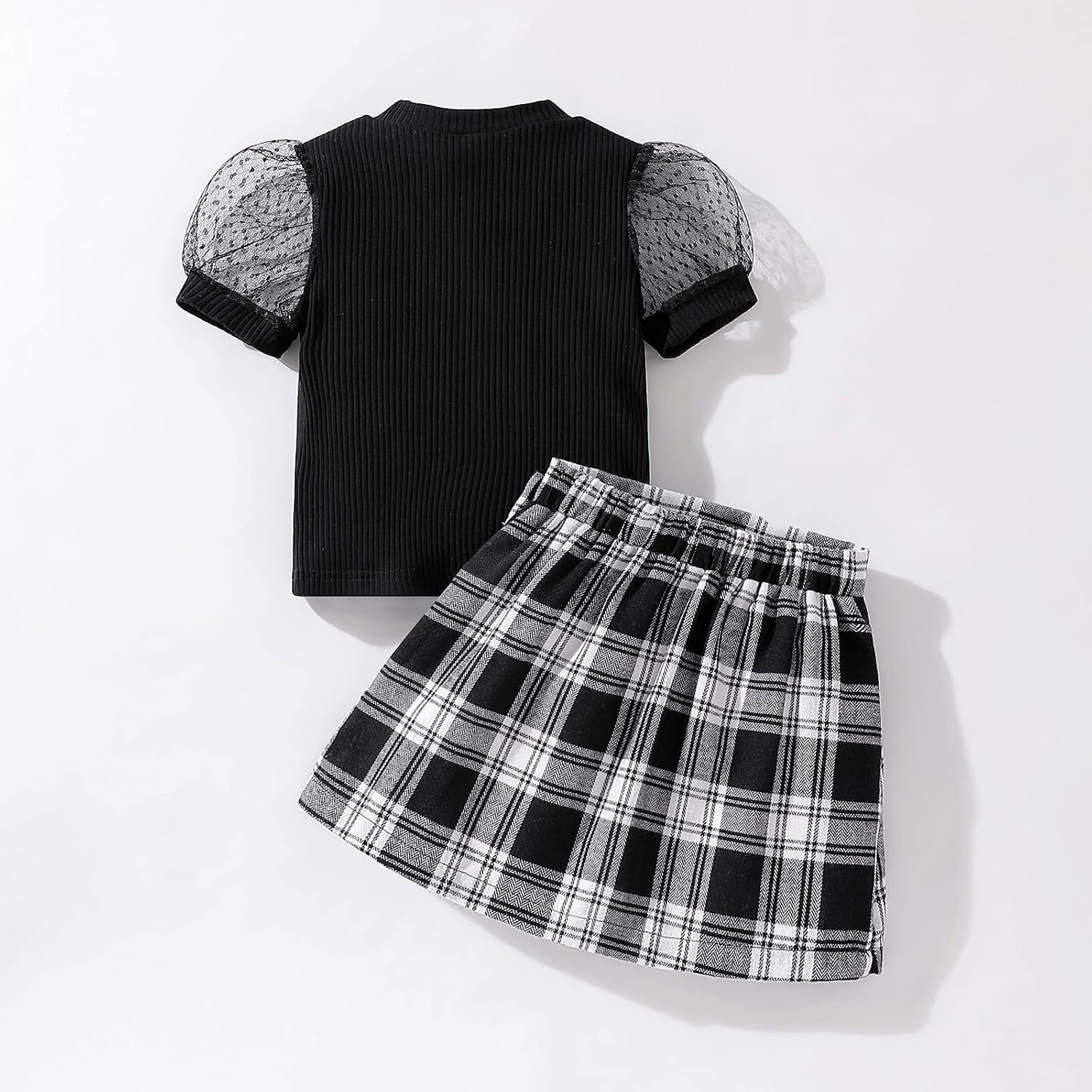 Girls' Skirt Sets Puff Sleeves T-shirt and Plaid Skirts 2 Peice Outfit | Short Sleeve Slim Fit Top High Waist Bow Skirts 2Pcs,Girls Clothes Set,Tea Party Outfits,School Outfit,Cute Girls Skirt Set
