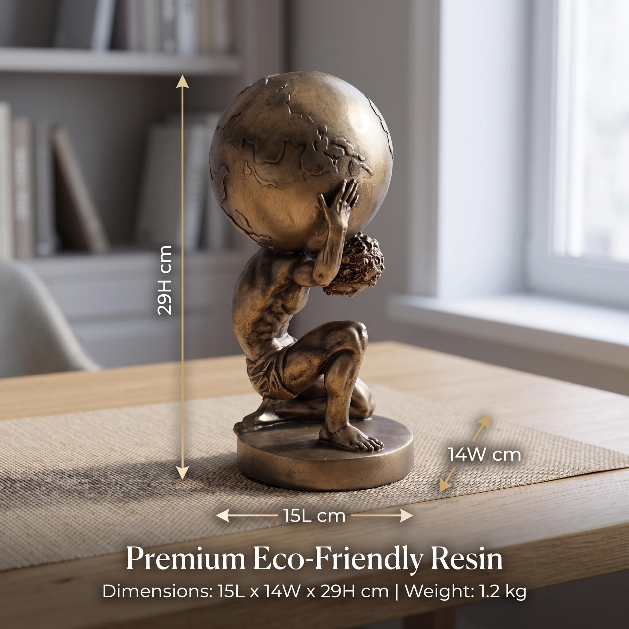Antiker goldener Atlas-Skulptur, Figurenstatue, Harzfigur für Wohnzimmer, Tisch, Regal, Büro, Schreibtisch