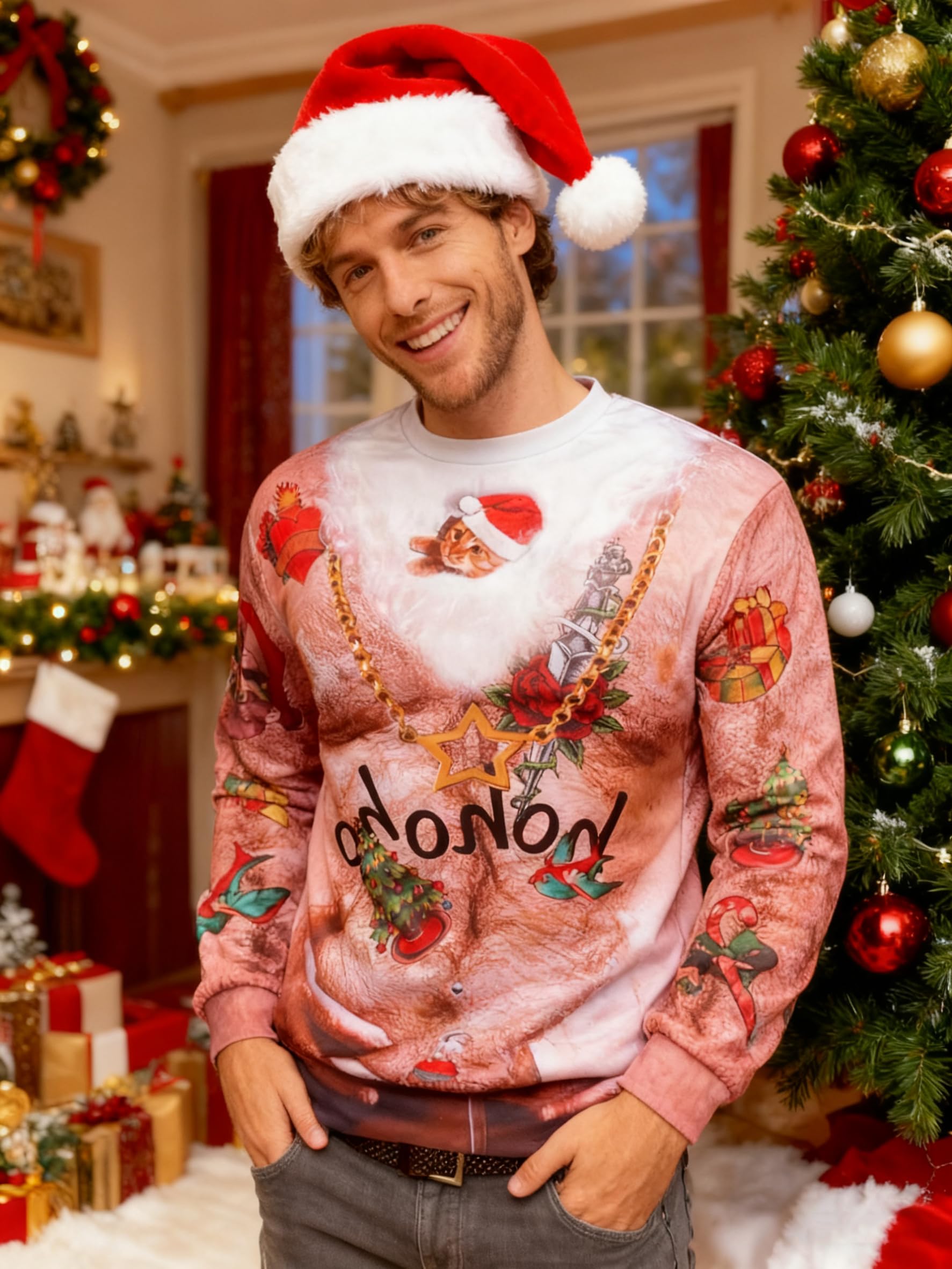 Loveternal Unisexee Pulls Noel 3D Imprimé Ugly Christmas Jumper Manches Longues Xmas Pullover S-3XL