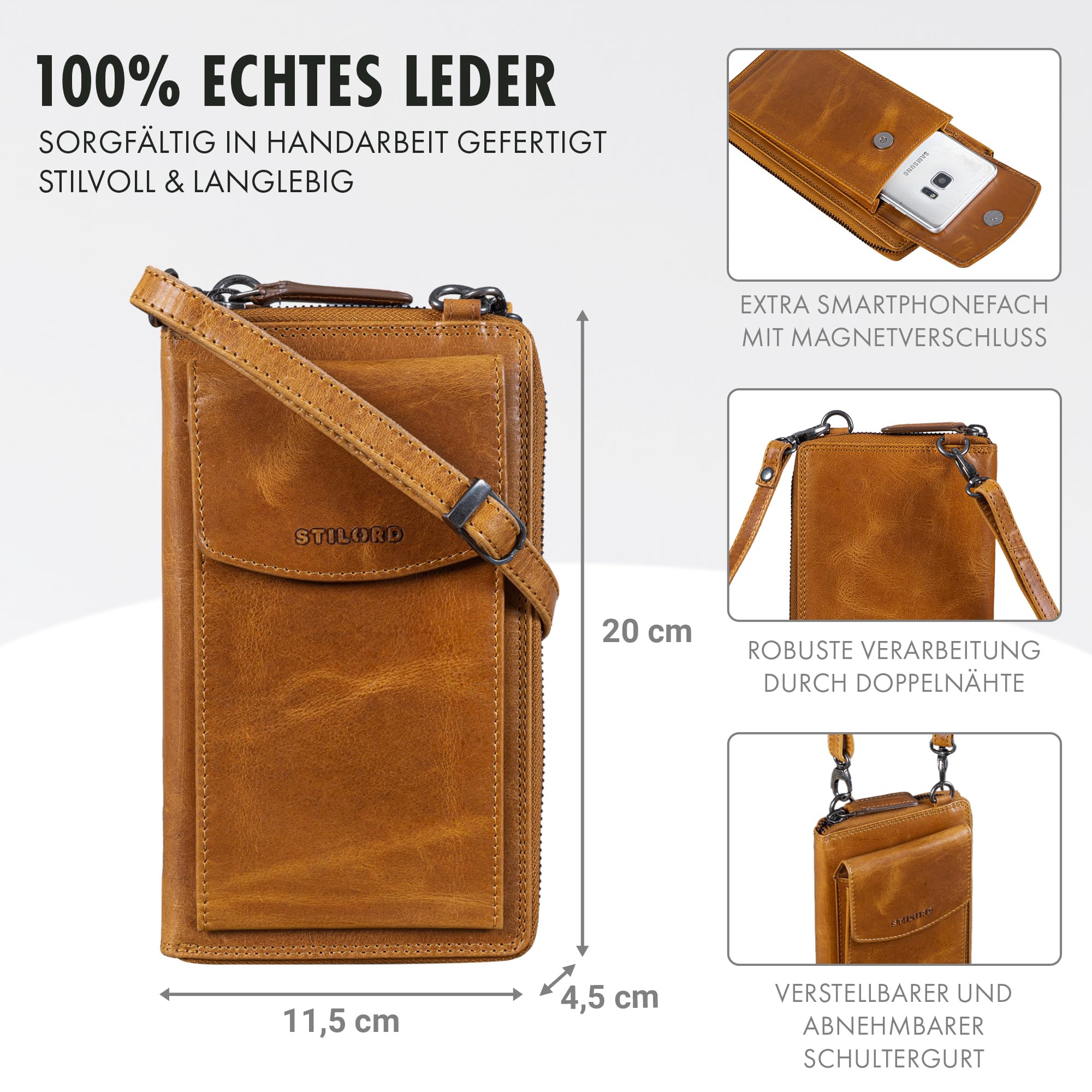 STILORD Damen Umhänge Geldbeutel aus Leder mit Handyfach - 2 in 1 Geldbörse Handytasche zum Umhängen - Crossbody Portemonnaie für Frauen Sarah Echtleder groß Farbe:Perugia-braun