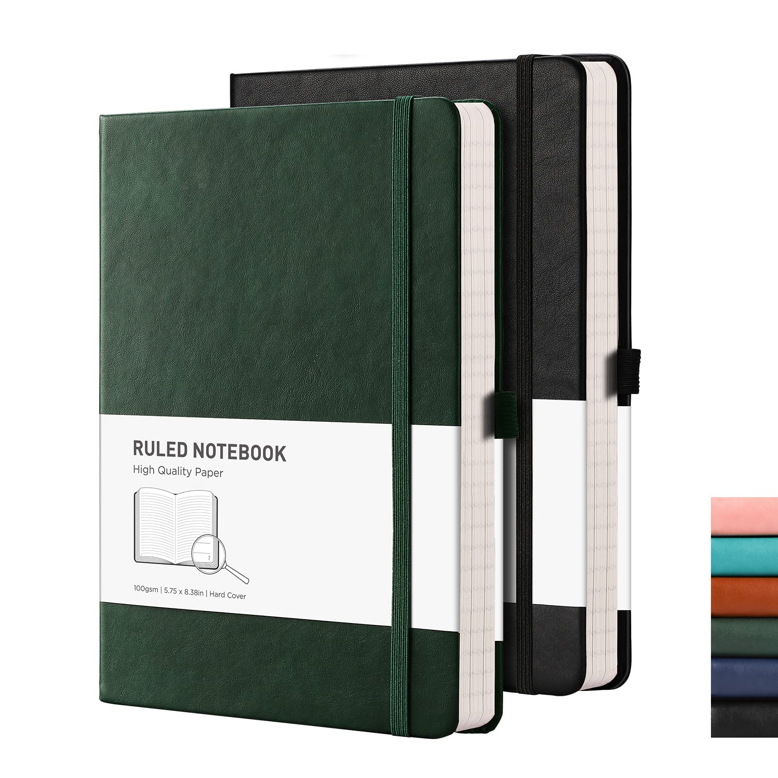 RETTACY Lined Journal Notebook, 2-Pack, 192 Numbered Pages per Pack, A5 Medium Size (5.7'' x 8.3''), for Men & Women, Writing, Work, Leather Hardcover, 100 GSM Thick Paper (Black & Dark Green)