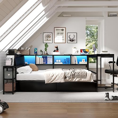 LUMISOL Full Size Corner Bed with Storage Bookcase and Desk, Metal Daybed with Drawers, LED Light and Charging Station, Black