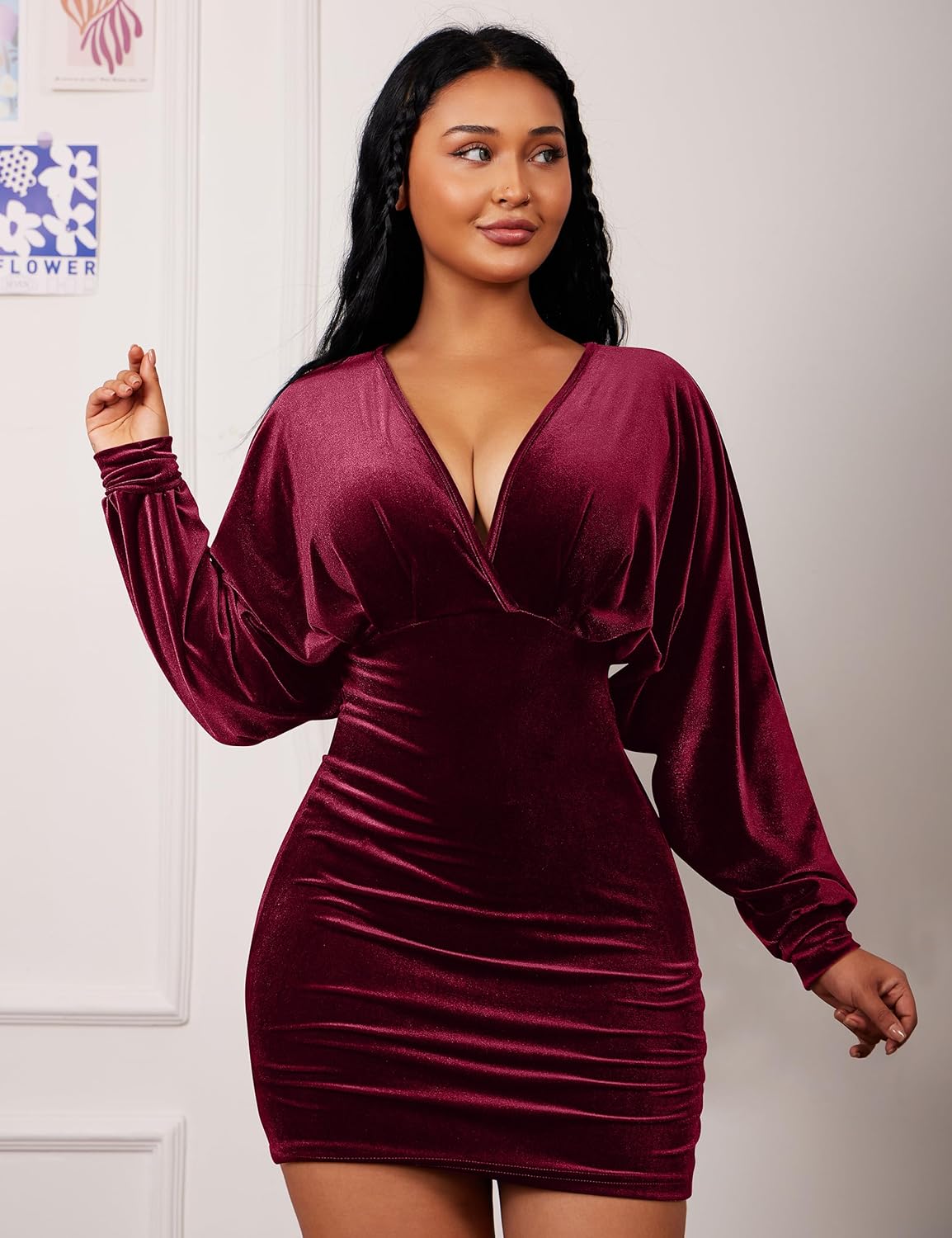 YMDUCH Women's Elegant Deep V Neck Long Sleeve Batwing Bodycon Velvet Mini Party Club Dress - Image 3