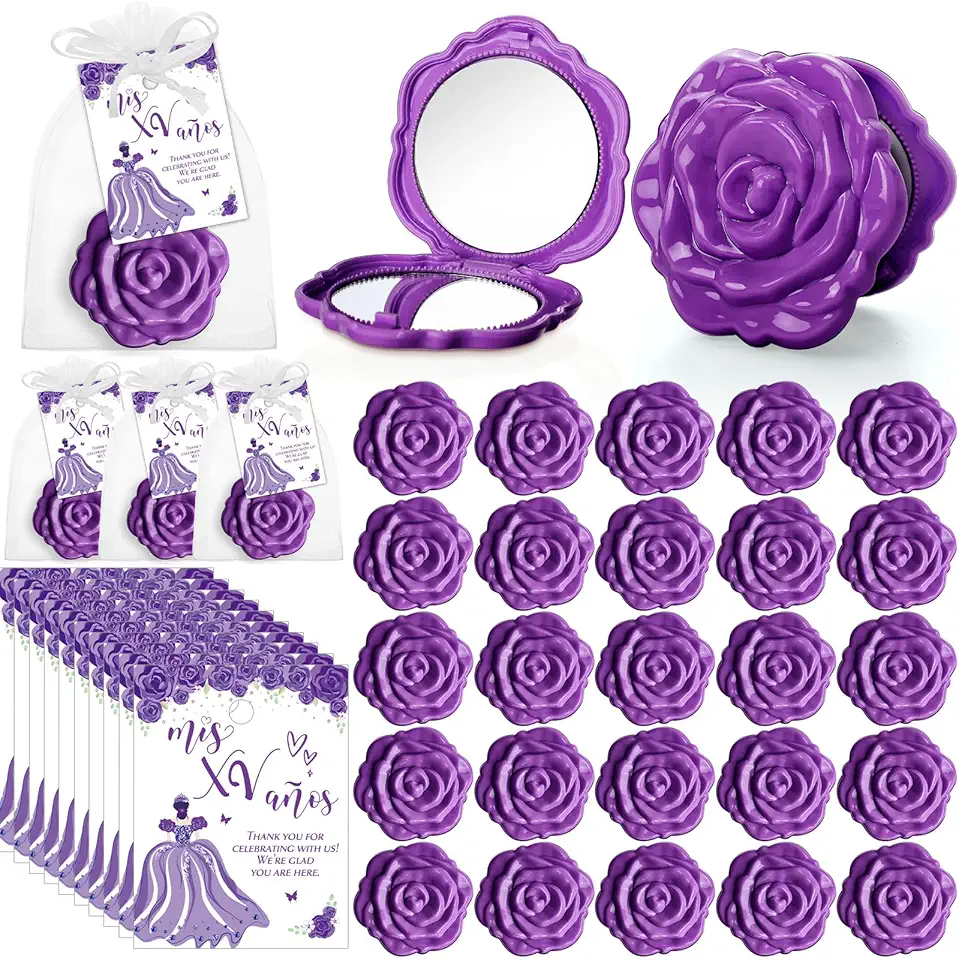 Wenqik 50 Sets Quinceanera Party Favors for Guests Rose Design Compact Pocket Mirrors Quinceanera Cards Thank You Gift and Organza Bags Sweet 15 Mis Quince Birthday Party Favor (Purple)