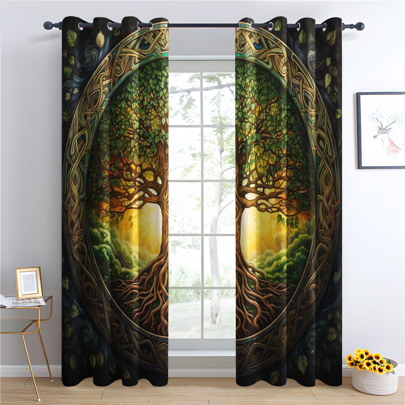 Baum des Lebens Vorhänge, Verdunklungsvorhänge mit Muster Wikinger, Vorhang Blickdicht mit Ösen, Gardinen für Wohnzimmer Schlafzimmer Kinderzimmer Deko 2er Set - 175x140 (H X B) (Q1-&220)
