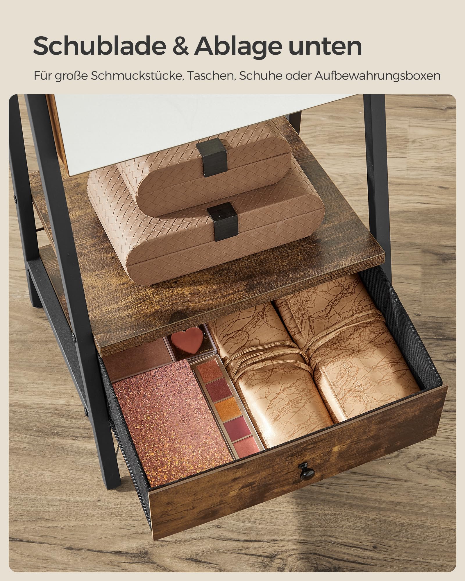 SONGMICS Schmuckschrank mit LED-Beleuchtung, Spiegelschrank abschließbar, Ganzkörperspiegel, platzsparend, Schmuck-Organizer, mit Schubladen, Ablagen, Geschenkidee, vintagebraun JJC025X01