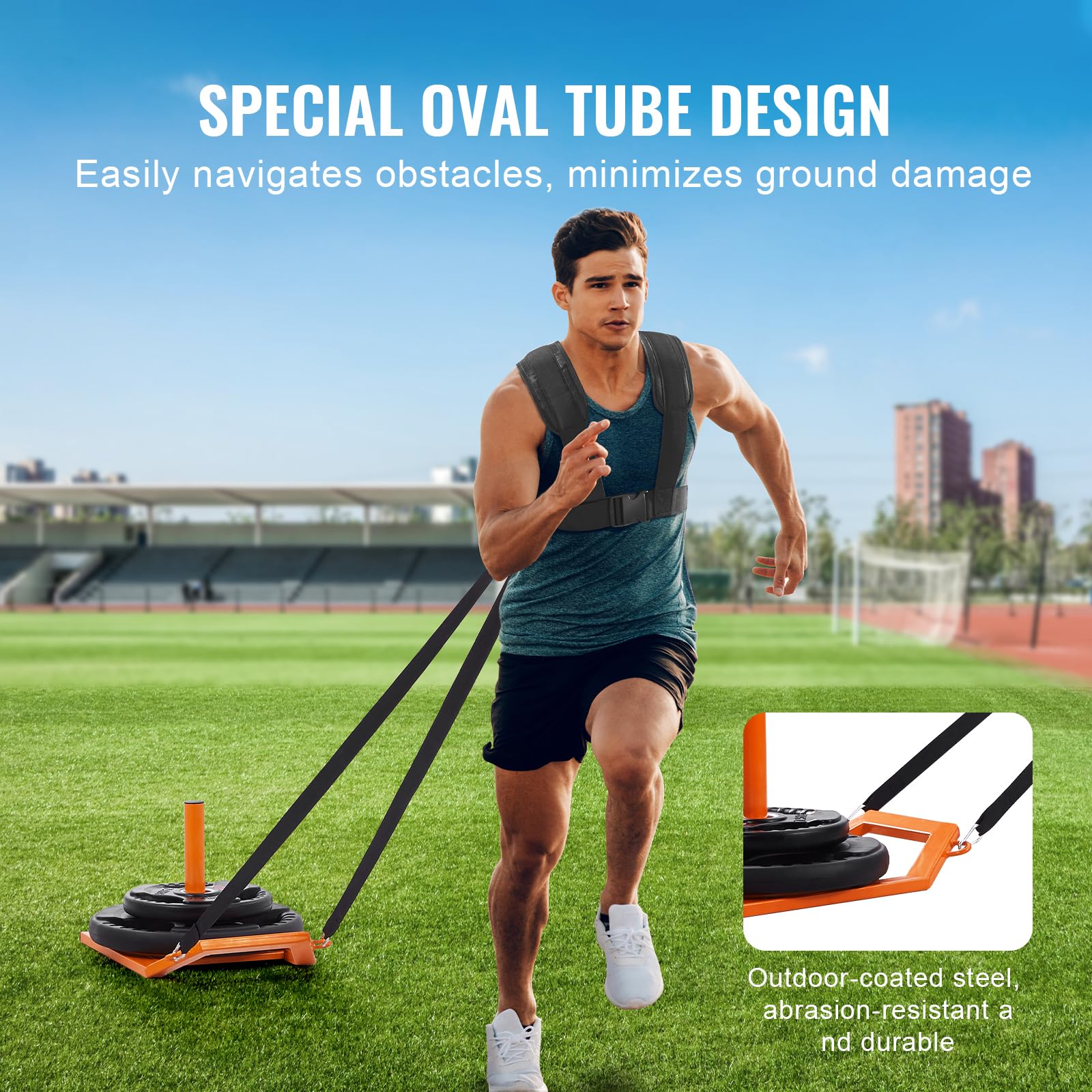 VEVOR Traîneau de Puissance Fitness, Traineau de Résistance en Acier, Équipement d'Entraînement de Force, de Vitesse et d’Explosivité, Convient aux Disques de Poids de 25 et 42 mm, Gym, Orange