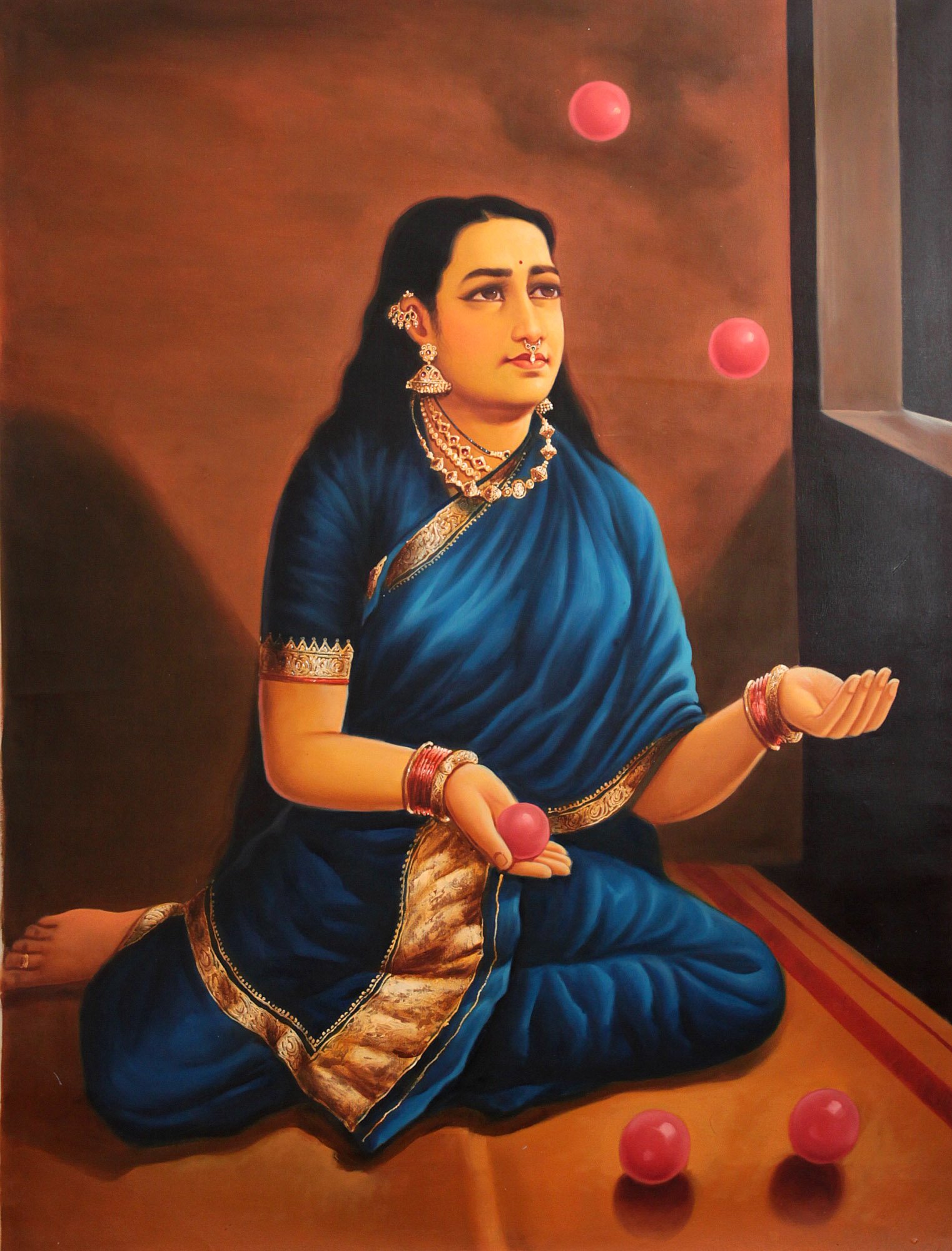Huile sur toile d'une femme indienne au ballon pour décorer un salon chaleureux et bohème