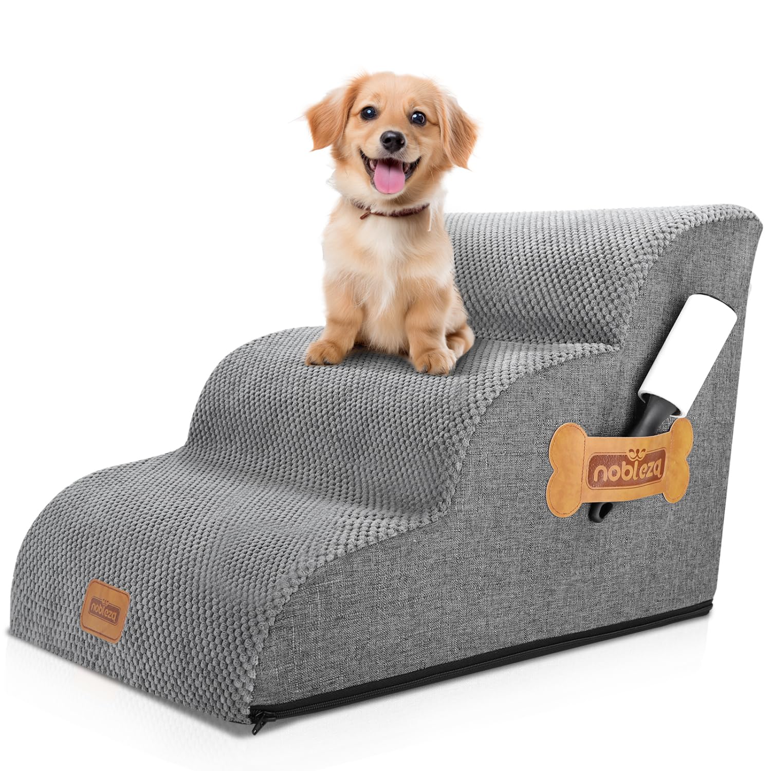 Nobleza Escalera para Perros, Escaleras Rampa para Perros Mascotas de Espuma de 3 Escalones con Rodillo para Pelusa, Escalera para Cama de Perros Pequeños Perros y Gatos Subir a la Cama