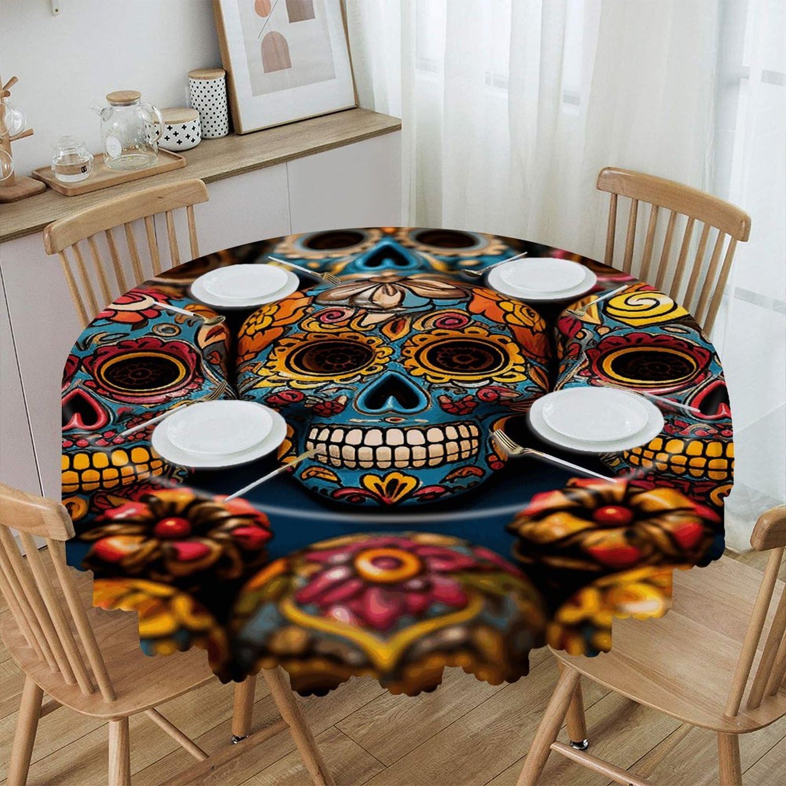 VstaDank Colorful Sugar Skulls Round Tablecloth Premium Polyester Table Cloth Heavy Duty Washable Fabric Tablecloth Waterproof Holiday Table Cover Decorative Tablecloths for Dining 60"