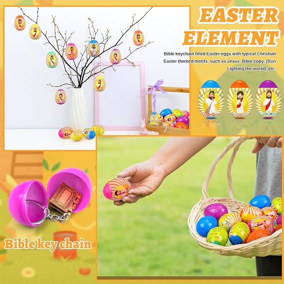 Ecation 24 Pcs Prefilled Christian Easter Eggs with Gold Mini Bible Keychain Religious Plastic Easter Eggs Jesus Easter Basket Stuffers for Egg Hunt Party Favors Christian Sunday School