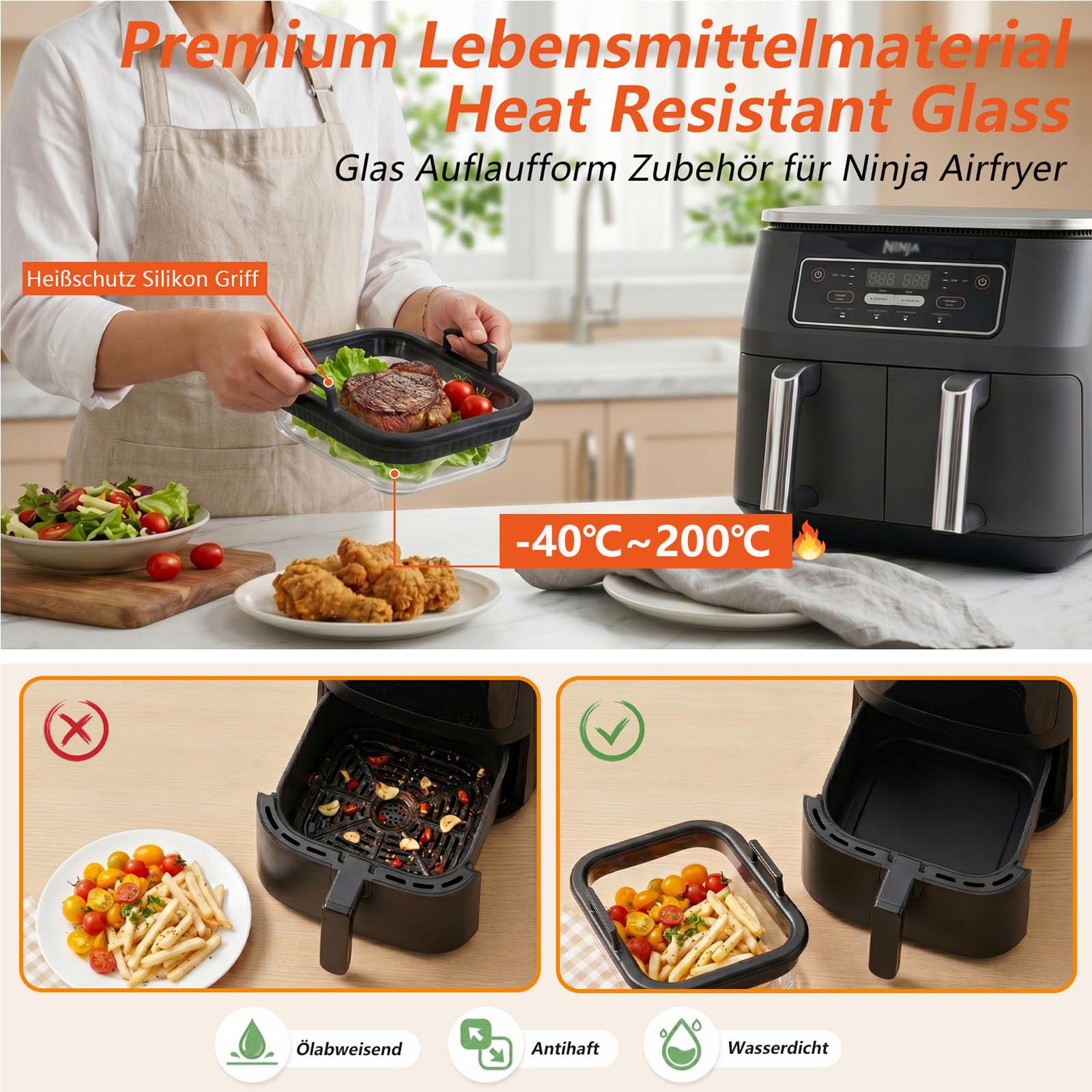 Szklane naczynie do zapiekania Airfryer, akcesoria pasujące do Ninja AF400EU/AF500EU/SL400EU/ SL400EU, 2 komory, nie zawiera BPA, odporne na wysokie temperatury, wyjmowane silikonowe