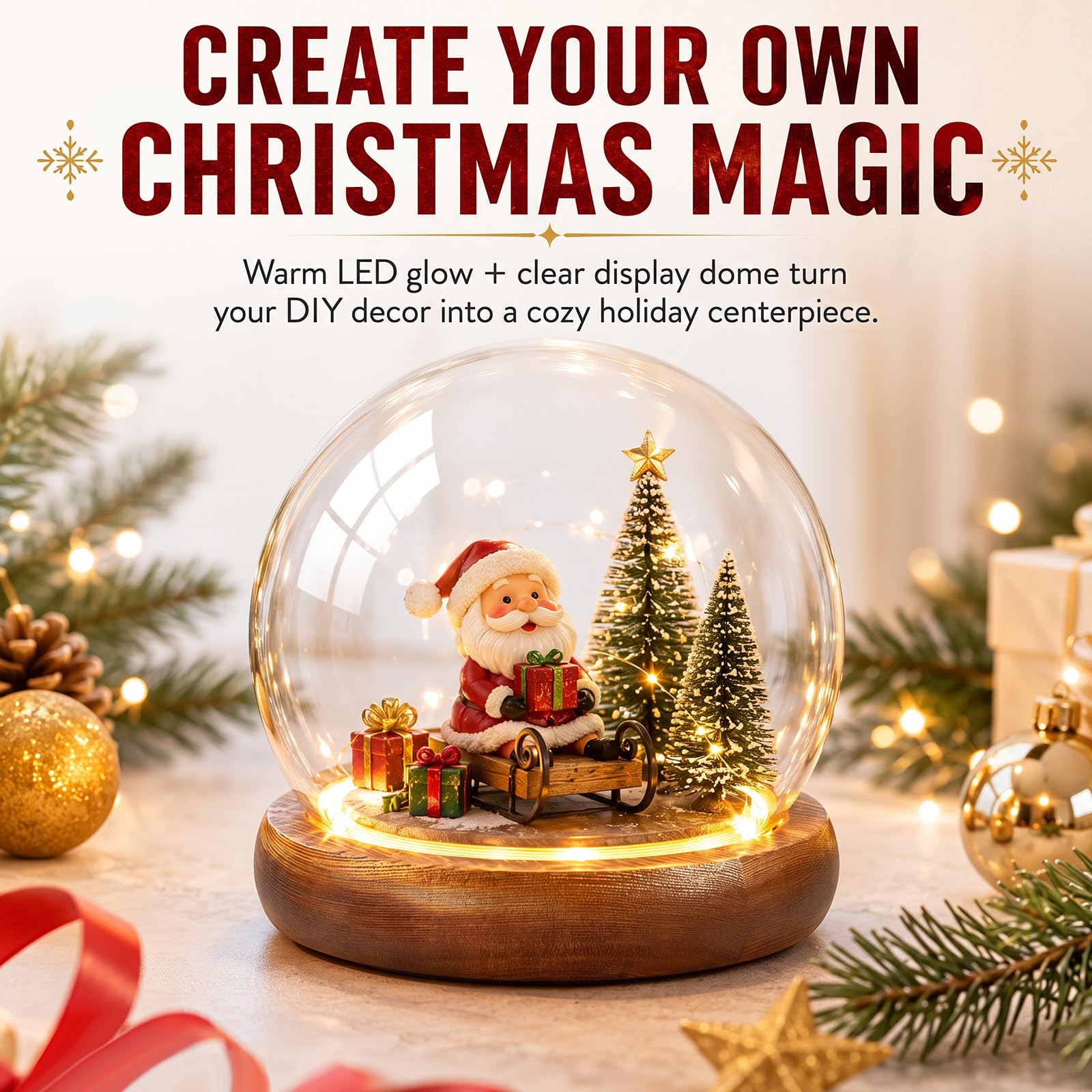 Funtery 8 pezzi di vetro a cupola di Natale trasparente fai da te con base in legno chiaro, kit decorativo per terrario per piante, terrario, decorazione per donne, regalo da tavolo (9,94 cm)