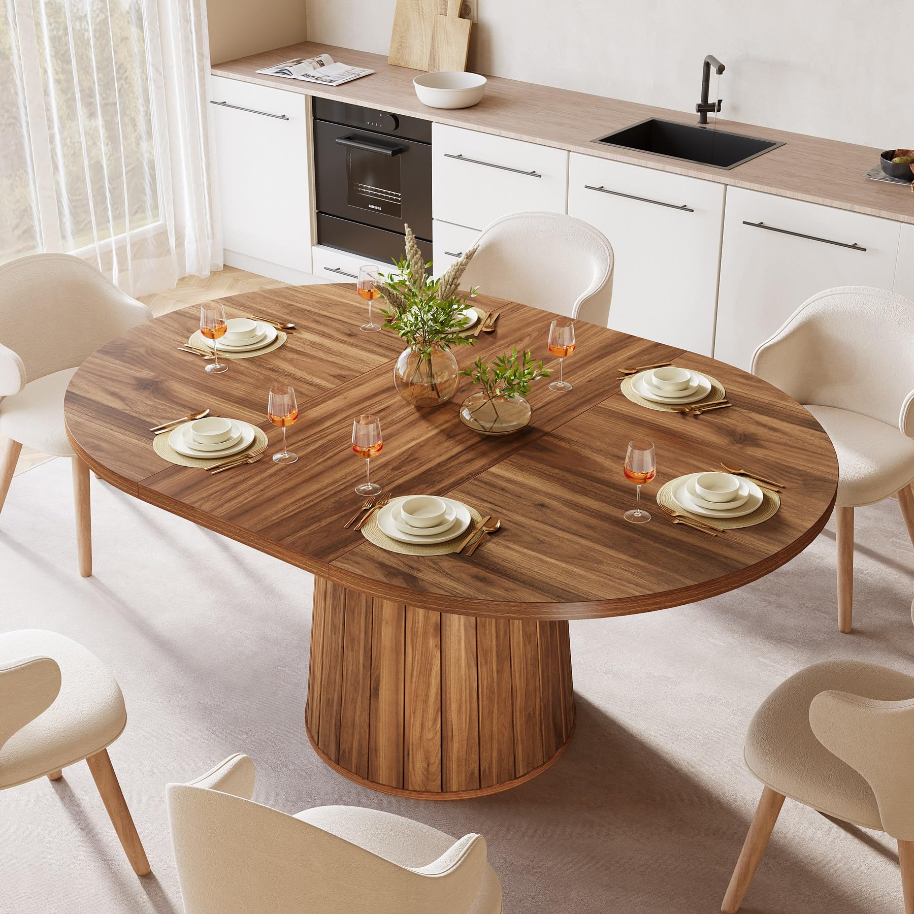 Tribesigns Mesa de comedor ovalada para 6 personas, mesa de comedor de madera de granja de 140 cm, mesa de cocina rústica con tablero de madera y base cilíndrica para comedor (marrón)
