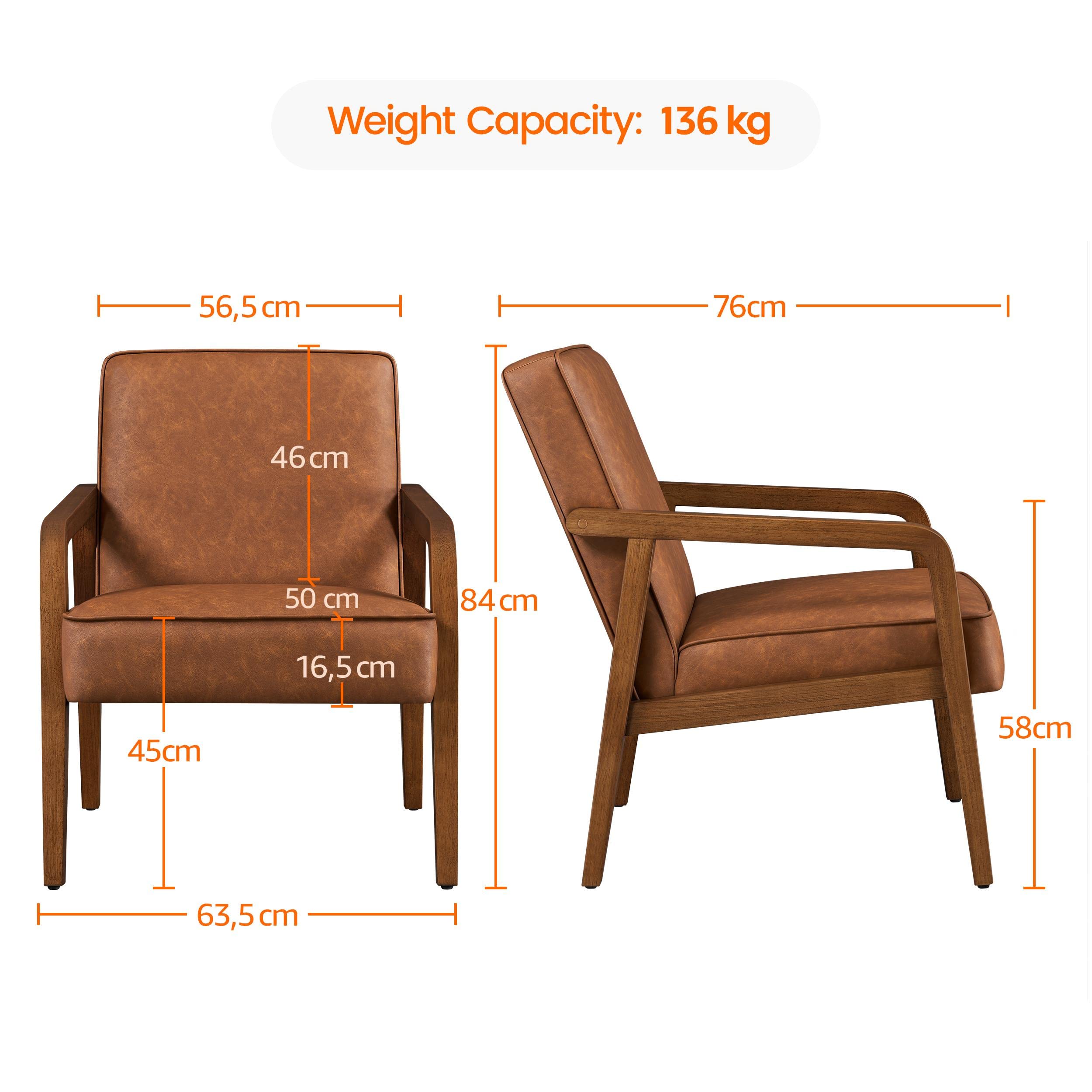 Yaheetech Loungesessel Sessel Vintage Relaxsessel Kunstleder mit Massivholzbeinen Einzelsofa für Wohnzimmer/Schlafzimmer/Empfangsbereich Hellbraun