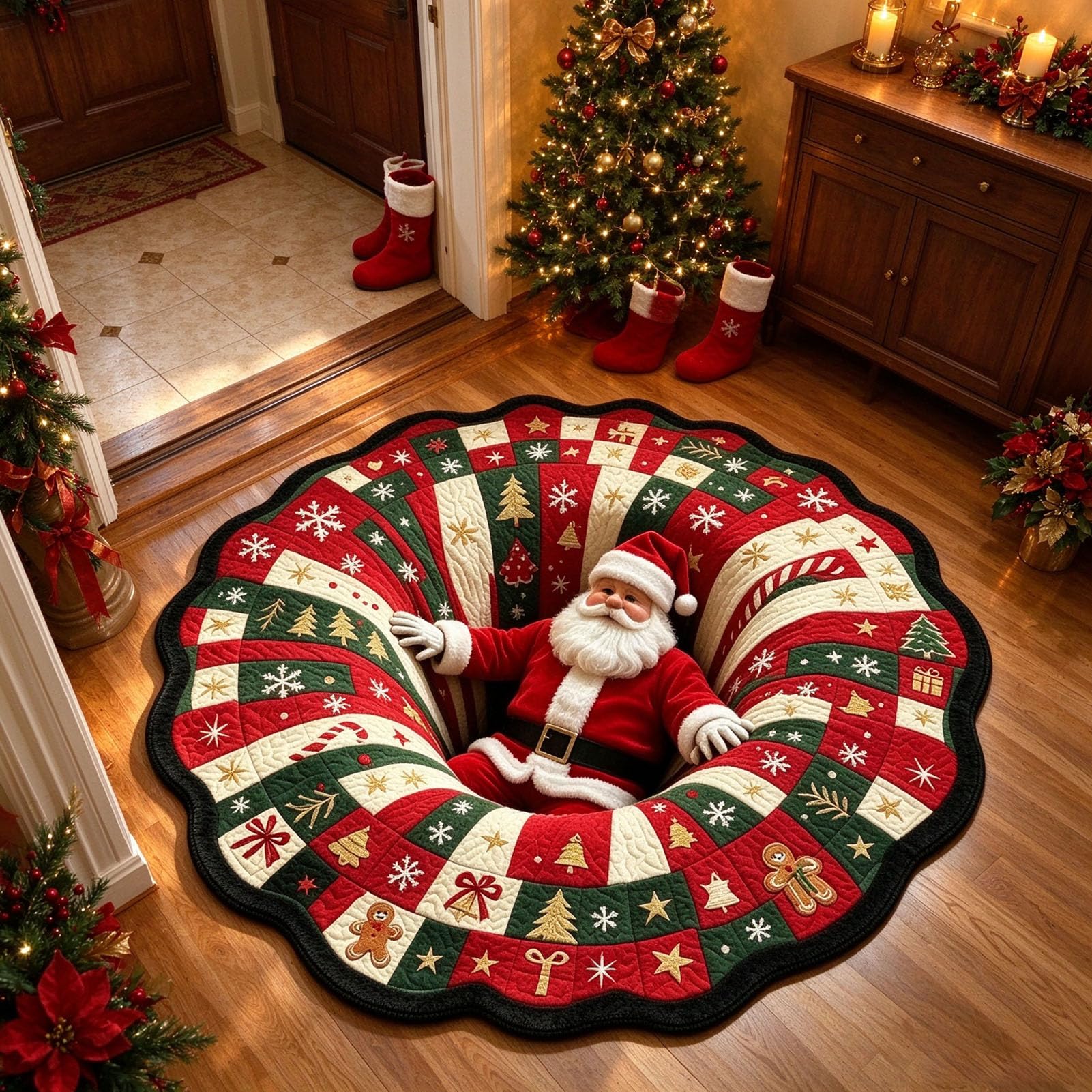 Tapis de Noël 3D à illusion d'optique, Tapis de Sol rond de fête,B,100cm