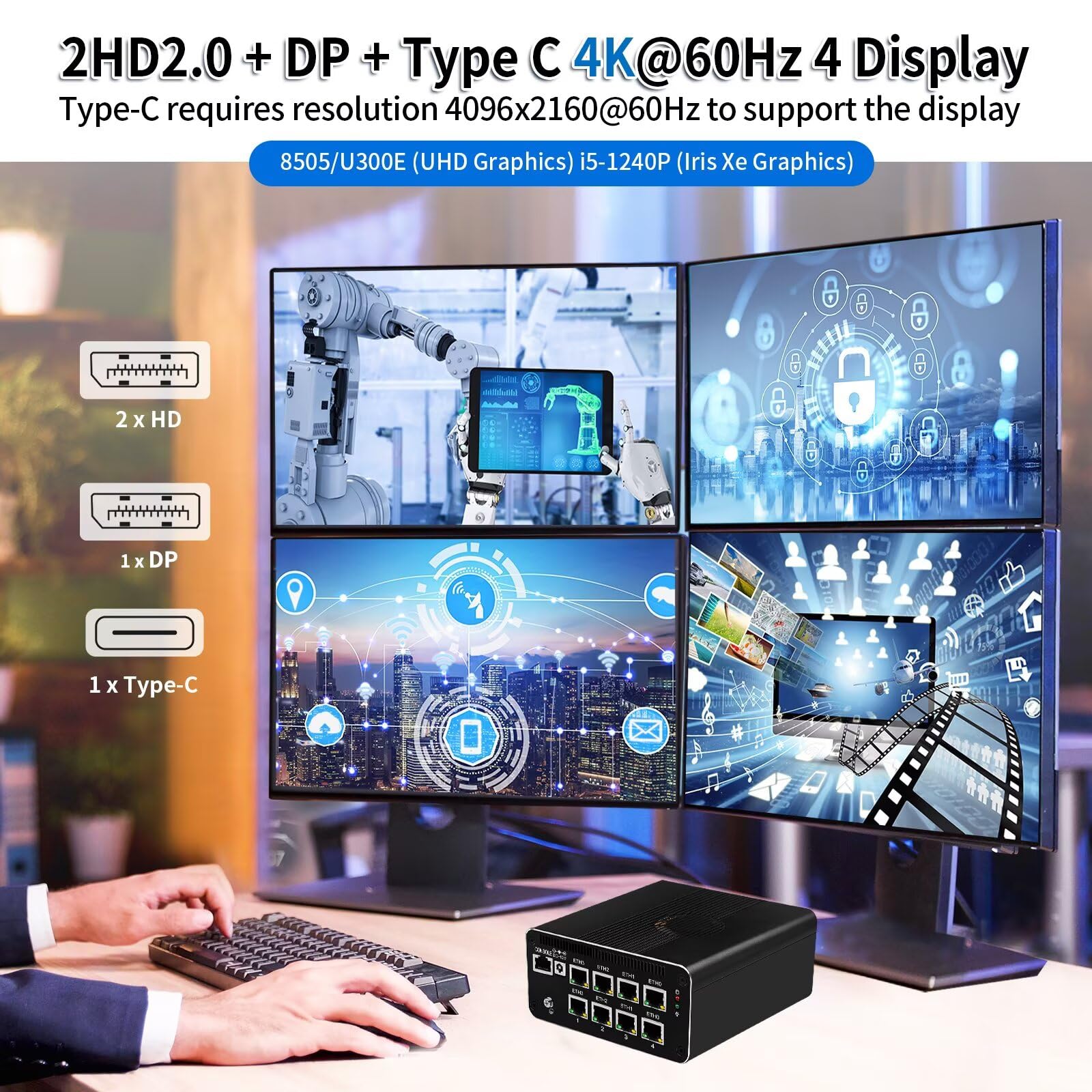 Micro Firewall Mini PC i5 1240P, DDR5 16GB RAM 256GB SSD Router Appliance Computer, 8 x 2.5Gbe i226-V LAN, Console COM, Type-C, TF