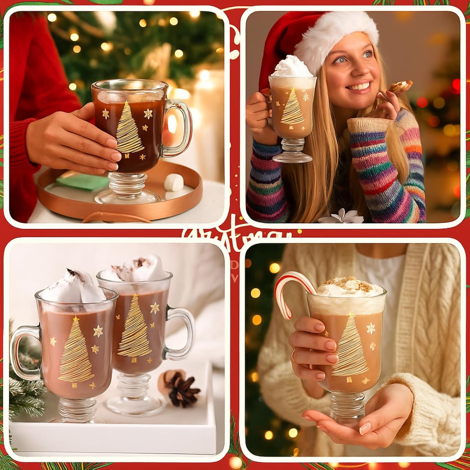 Sliner Set of 12 Christmas Snowflake Glass Coffee Mugs with Handle, 8 oz Clear Irish Footed Coffee Glasses Mugs Winter Holiday for Beverages Latte Hot Chocolate(Christmas Tree)
