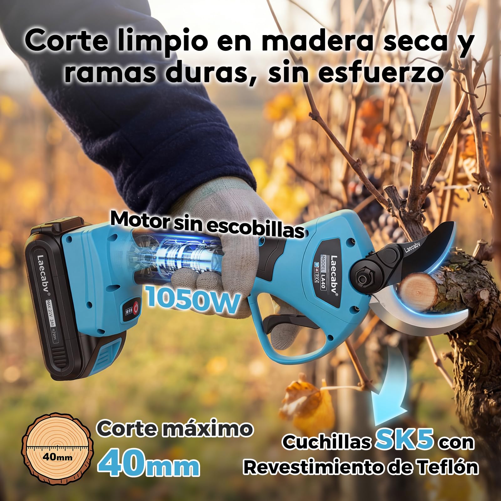 Laecabv Tijeras de podar electricas 40mm progresivo 2 Recargable Litio Batería para jardinería viñedos árboles frutales