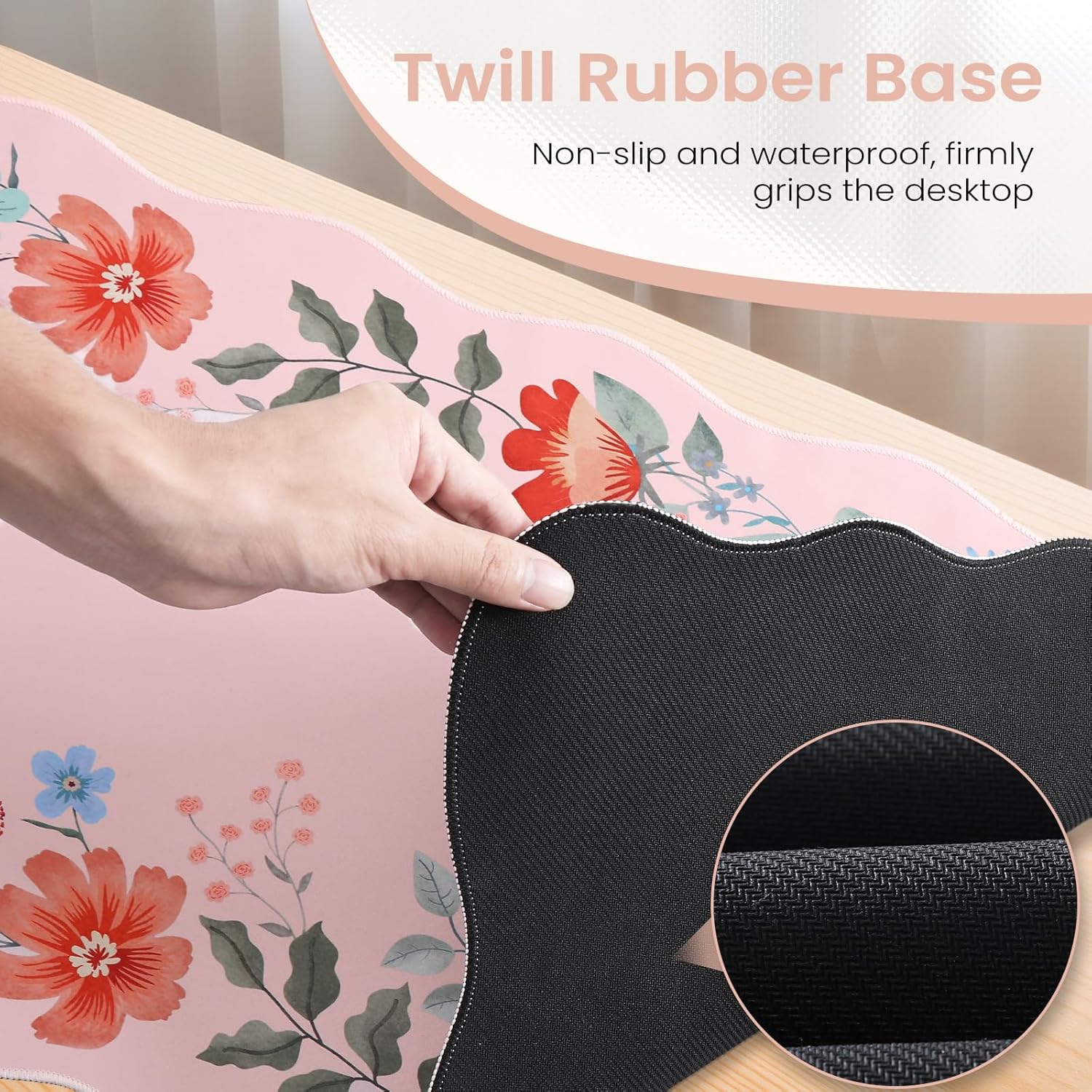 HAOCOO Desk Pad Mat, Pink Scalloped Desk Pad, Computer Desk Mat, Non-Slip Desk Pad for Keyboard and Mouse, Large Desk Mouse Pad with Egde Stitched, Waterproof Floral Keyboard Mat for Office (Hot Pink) - Image 4