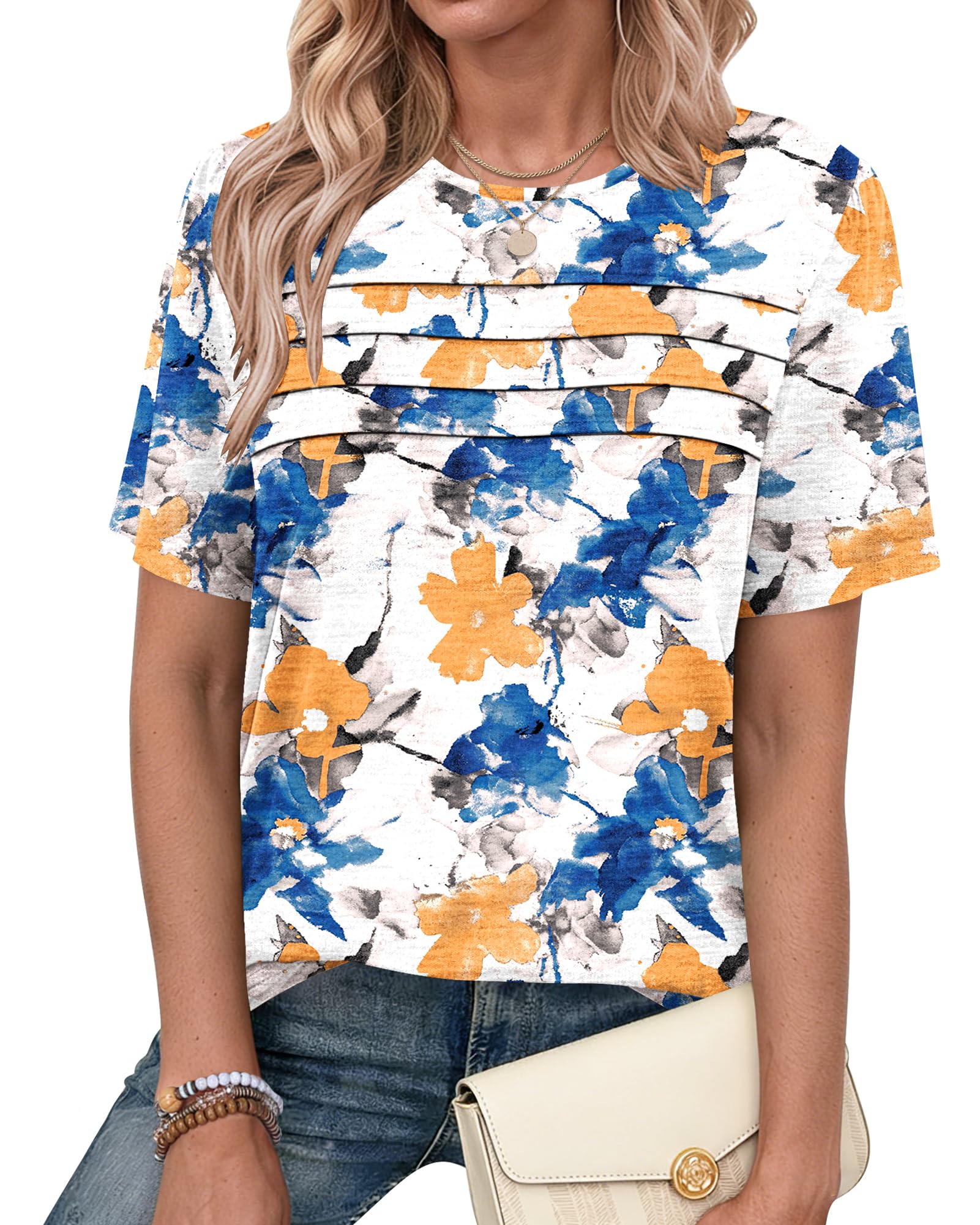PLMOKEN Womens Summer Tops Short Sleeve Pleated Front Ladies T Shirts Round Neck Blouses Elegant Tunic Tops Casual — view 14