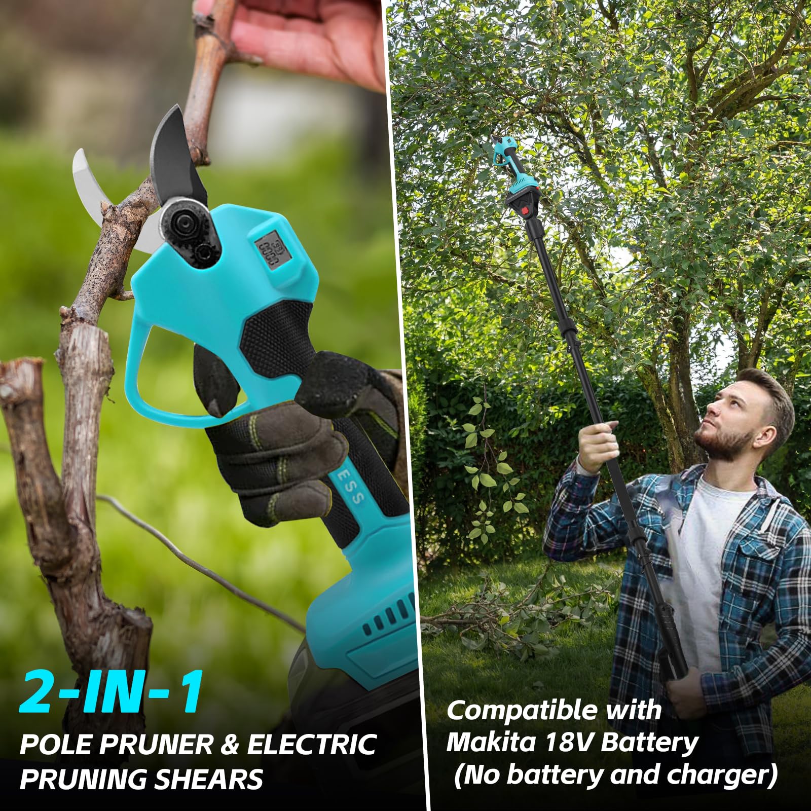 panthem Bezprzewodowe elektryczne nożyce do przycinania 2 w 1 z drążkiem do Makita 18V, zasięg 13,7 stóp, średnica cięcia 1,6 cala, ogrodowy bezszczotkowy sekator na baterie do gałęzi drzew i kwiatów