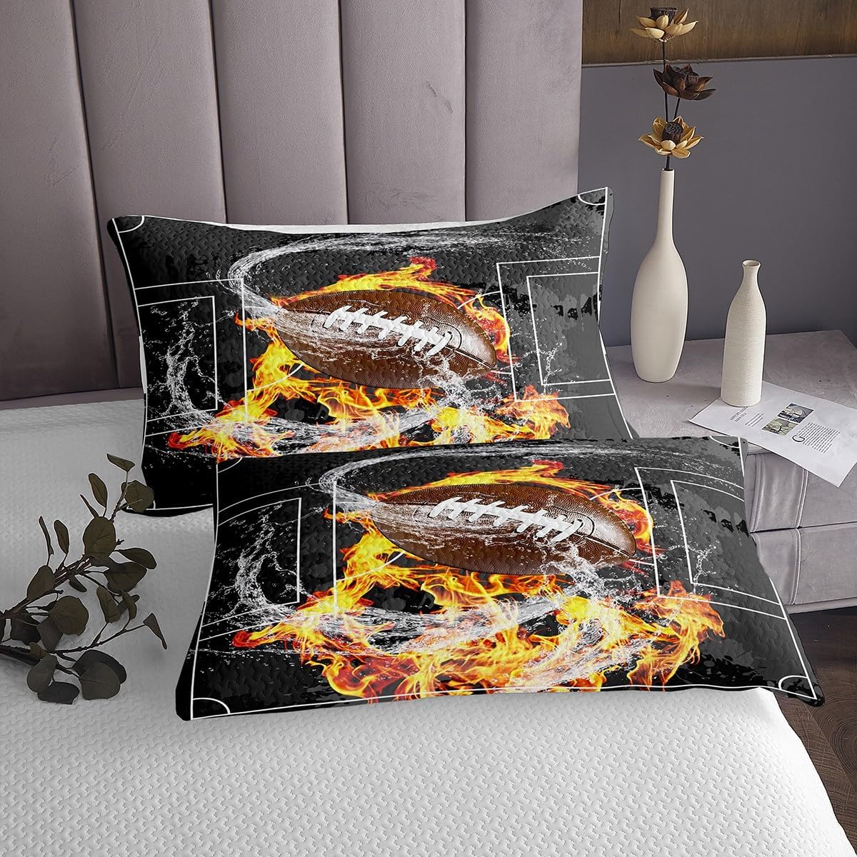 Erosebridal Boys Football Bedspread Sets King Size,Water Fire American Football Bedspread Set for Boys Men,Rugby Field Bedding Set,Sports Game Teamwork Coverlet Set with 2 Pillow Cases