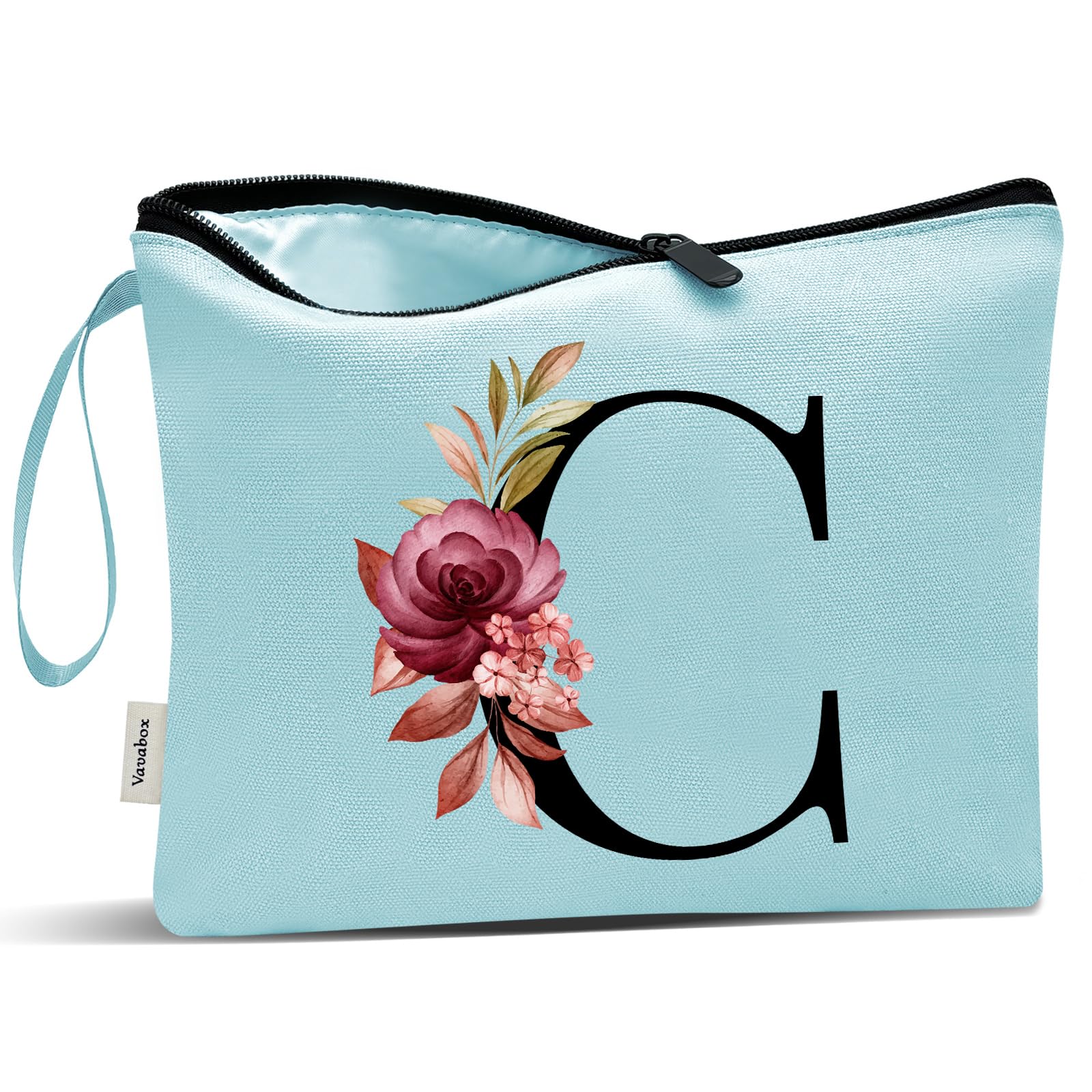 Vavabox A-Z Personalized Makeup Bag, Birthday Gifts for Women Mom, Gifts for Best Friend, Bride Bridesmaid Cosmetic bag (C, Aqua)