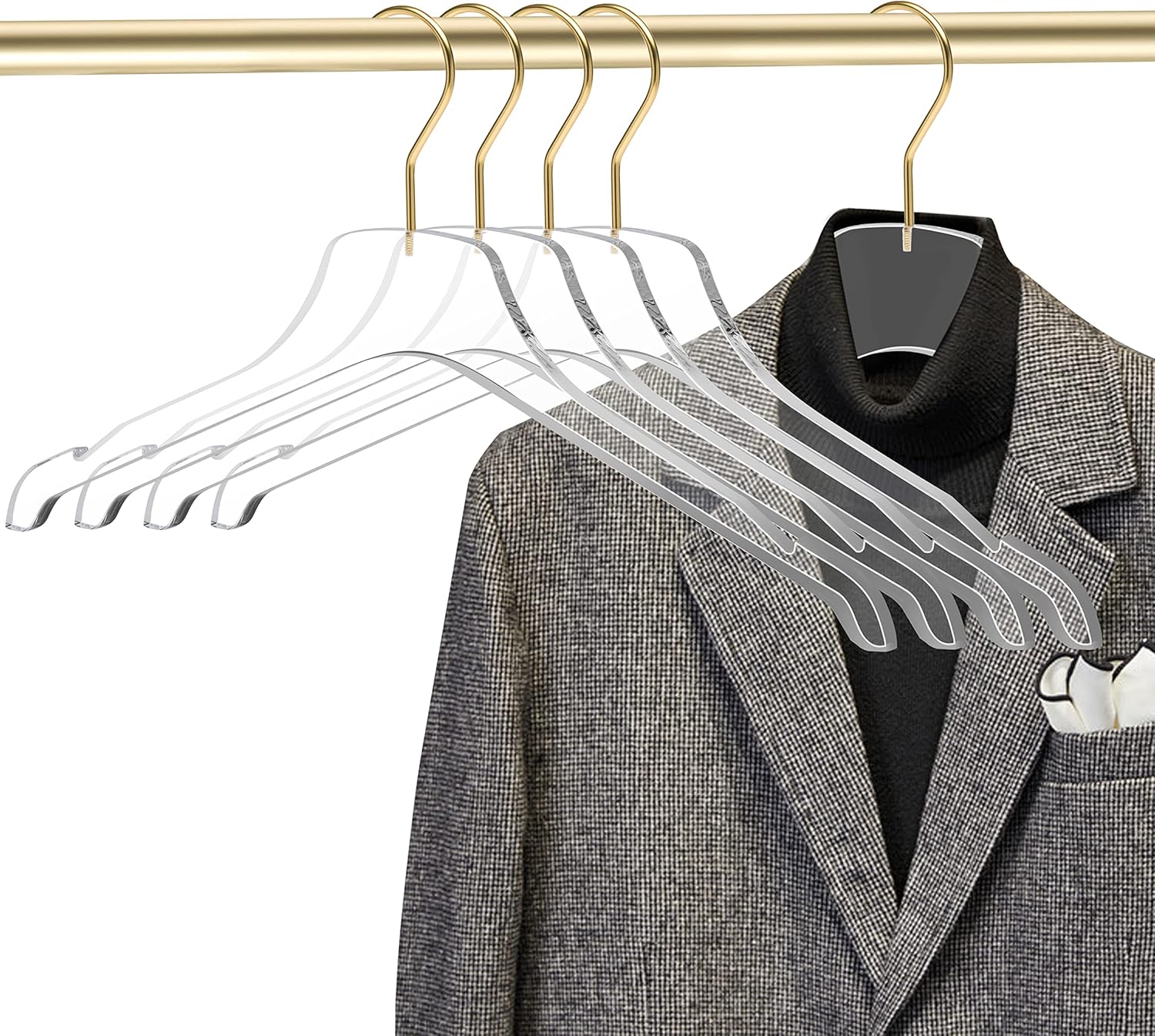 Quality Acrylic Clear Hangers, 20 Pack Clear Lucite Acrylic for a Luxurious Look and Feel with Swivel Hook, Suit Coat Shirt Dress Hangers (Clear - Matte Gold Hook, 20)
