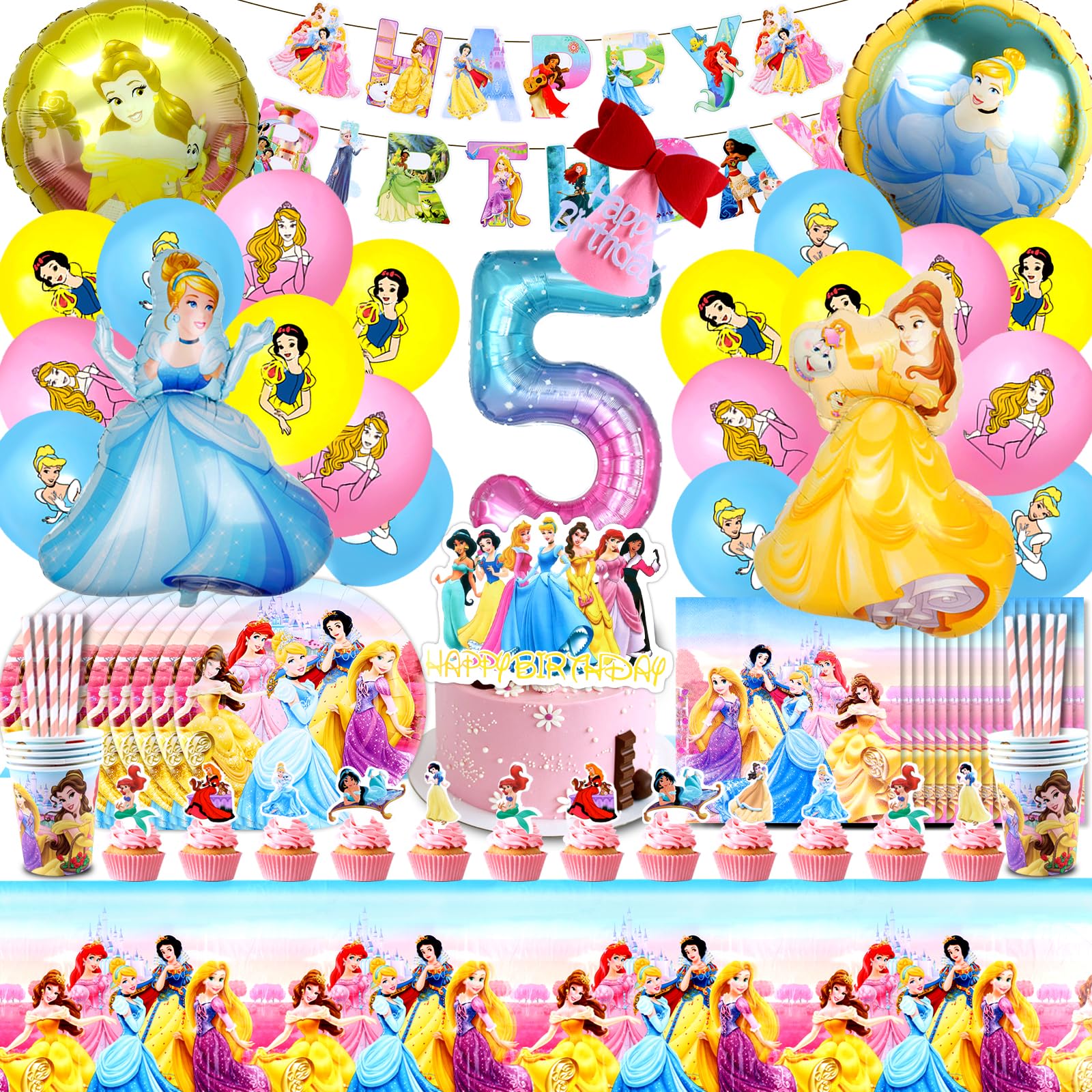 Hylopsyn Princess Birthday Decorations, 101pcs Princess Party Tableware, 5th Birthday Party Supplies with Balloons, Cake Toppers, Cups, Plates, Napkins