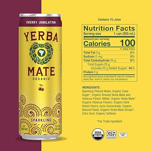Miniatura 2 de Yerba Madre Yerba Mate Espumante Orgánica, Cherry Jubilation, 80mg de Cafeína Natural a Base de Plantas, Energía Suave y Concentración, Carbonatada,